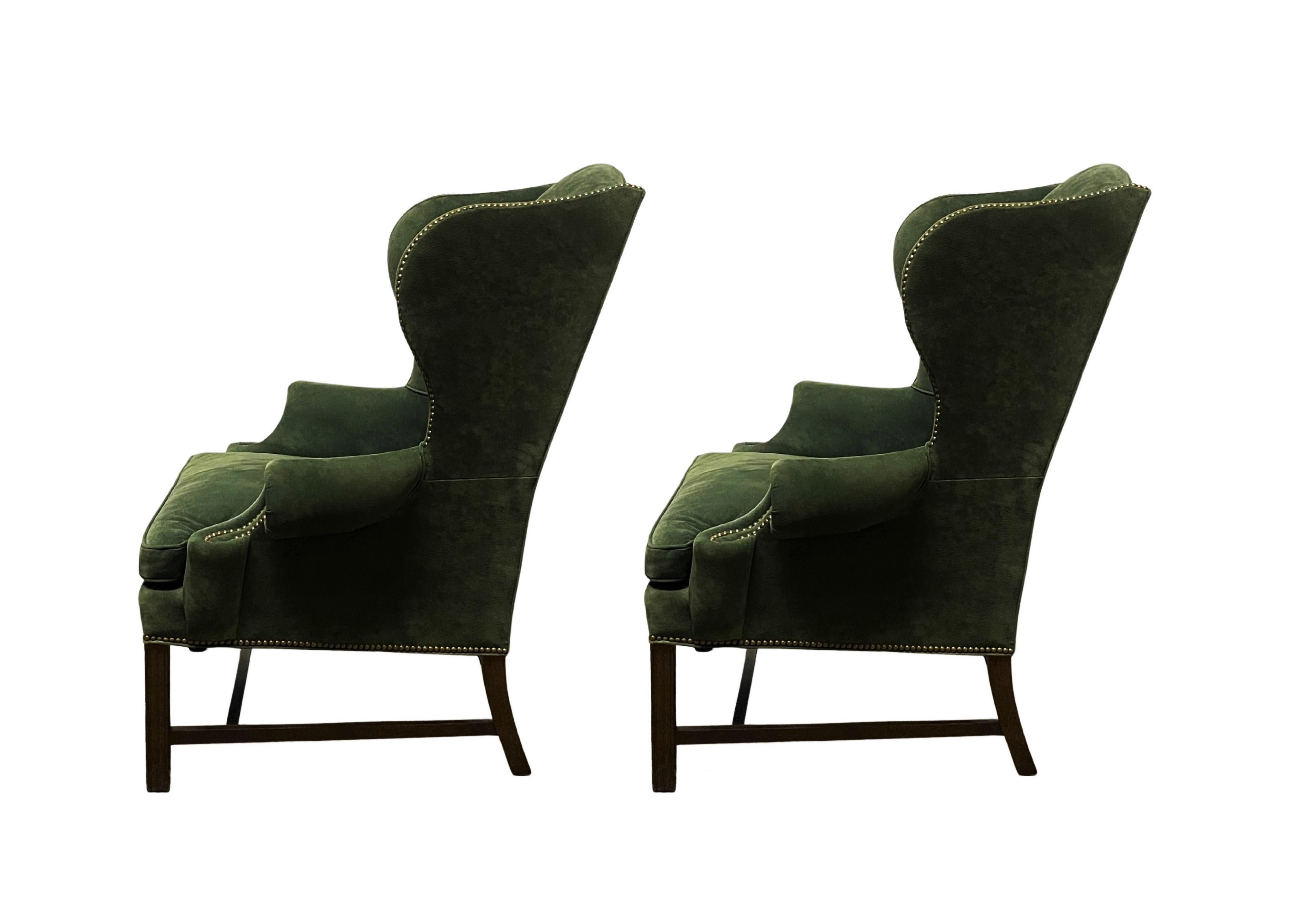 20th Century Pair of Georgian Green Suede Wingback Armchairs