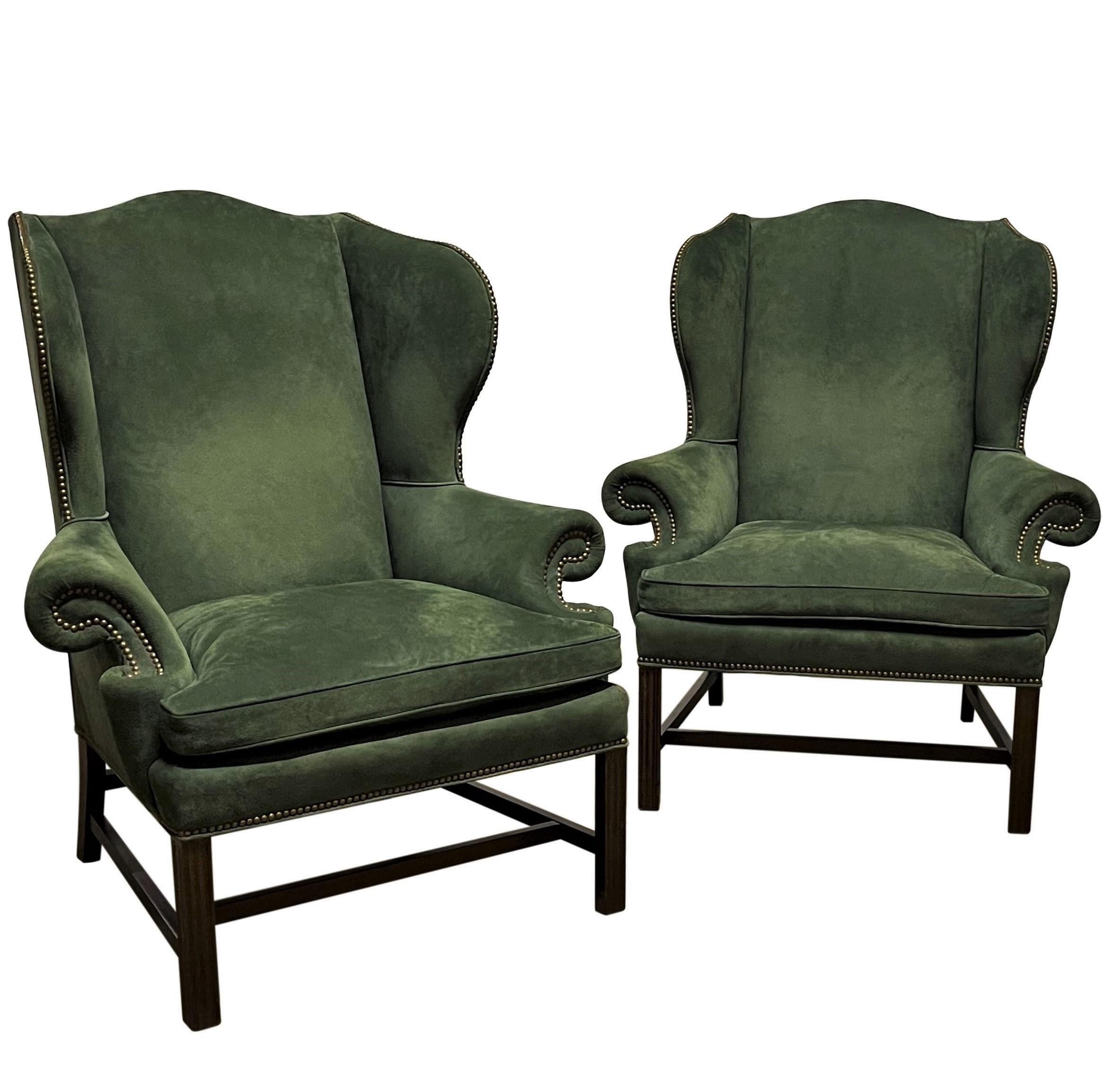 Pair of Georgian Green Suede Wingback Armchairs