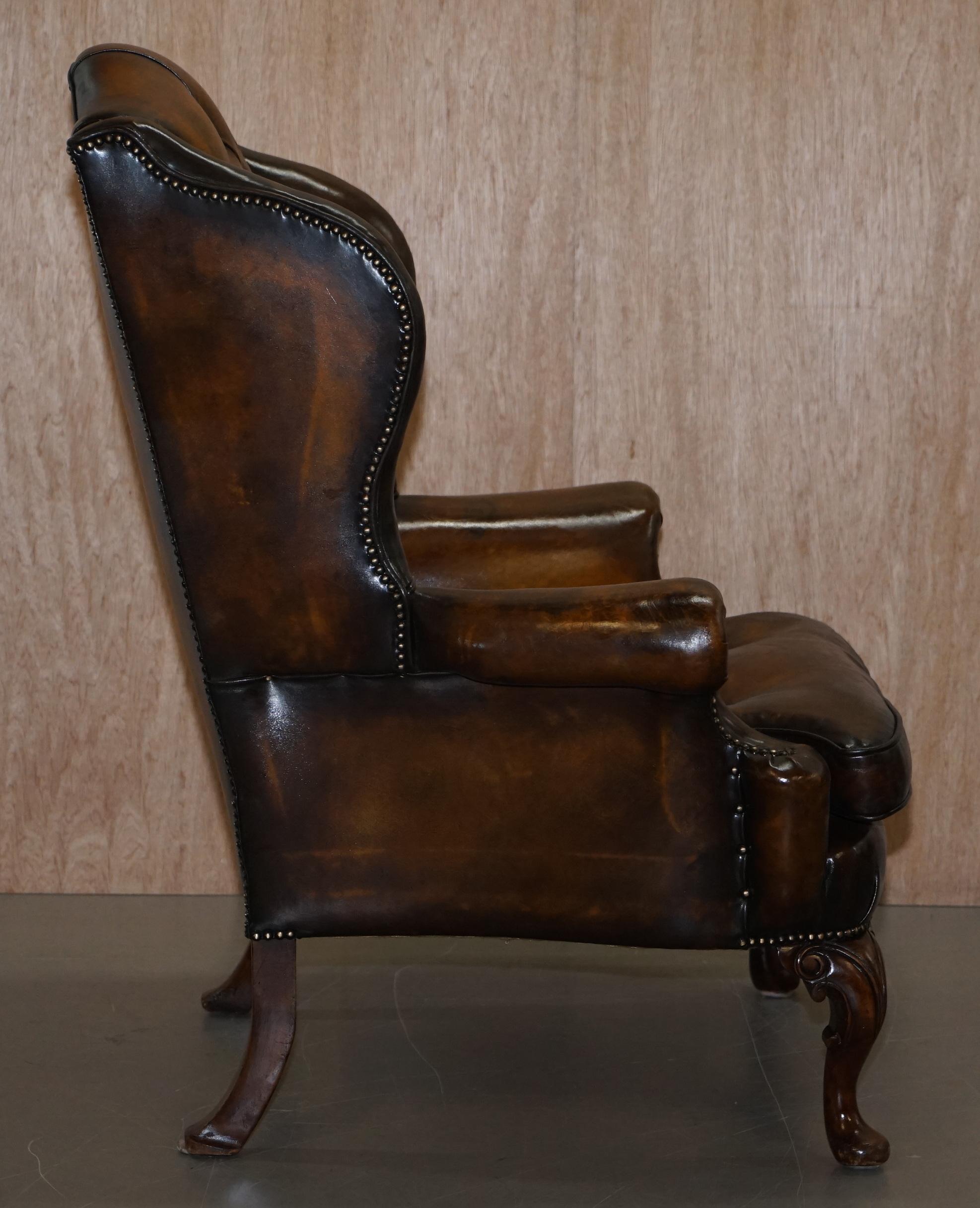 Pair of Georgian Irish Chesterfield Brown Leather Wingback Armchairs Carved Legs 4
