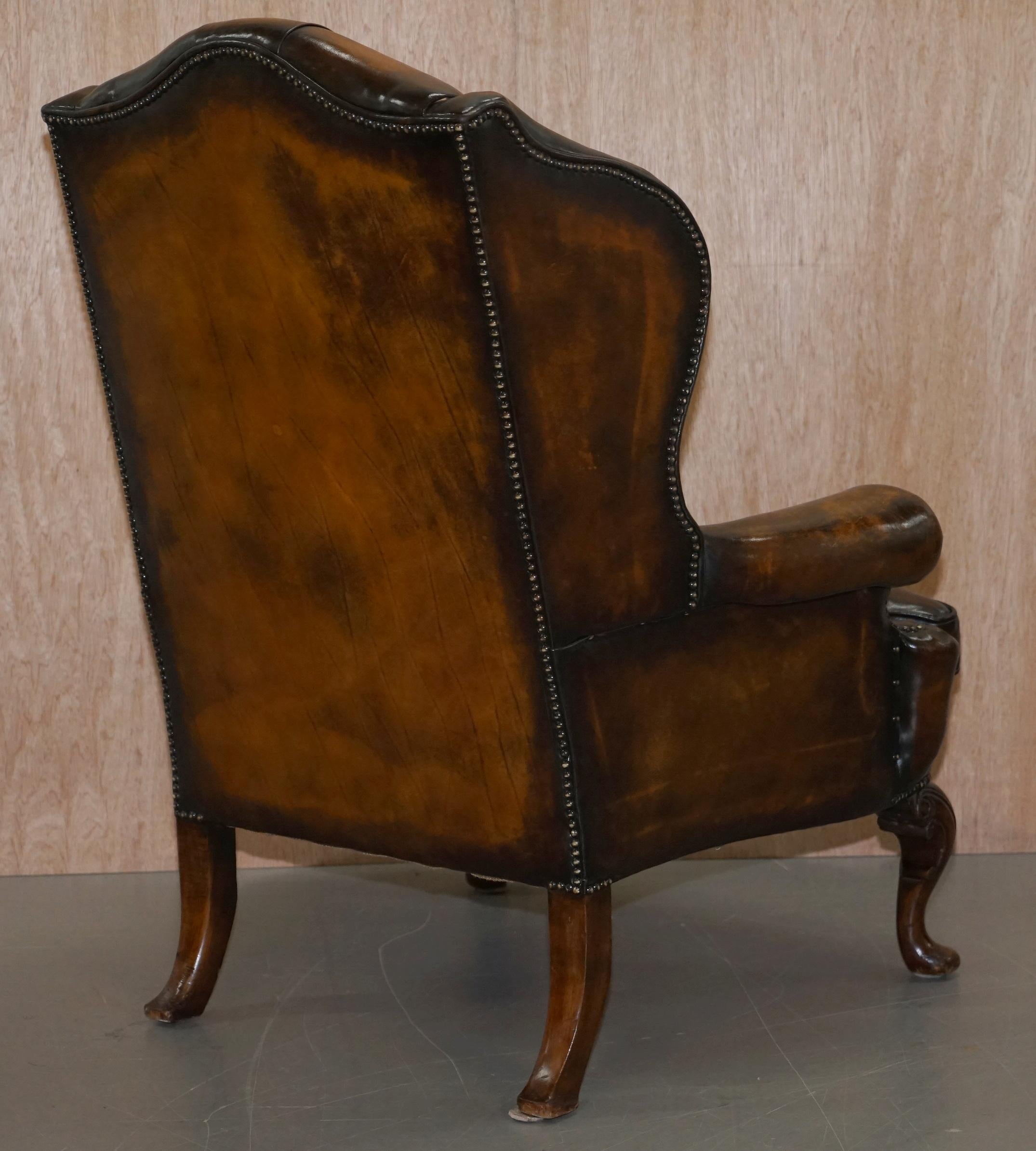 Pair of Georgian Irish Chesterfield Brown Leather Wingback Armchairs Carved Legs 5