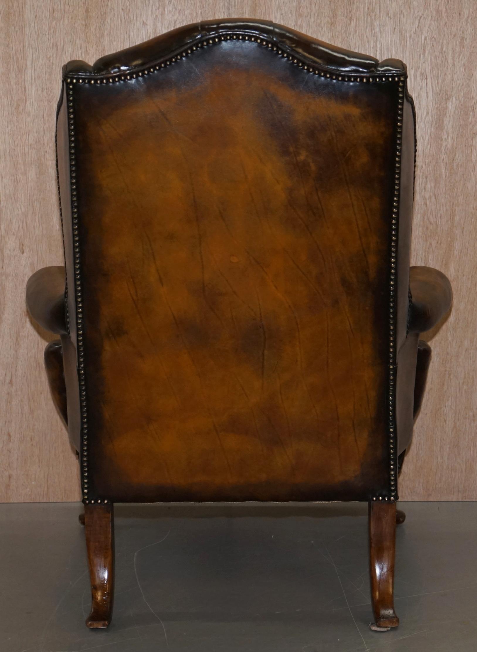 Pair of Georgian Irish Chesterfield Brown Leather Wingback Armchairs Carved Legs 6
