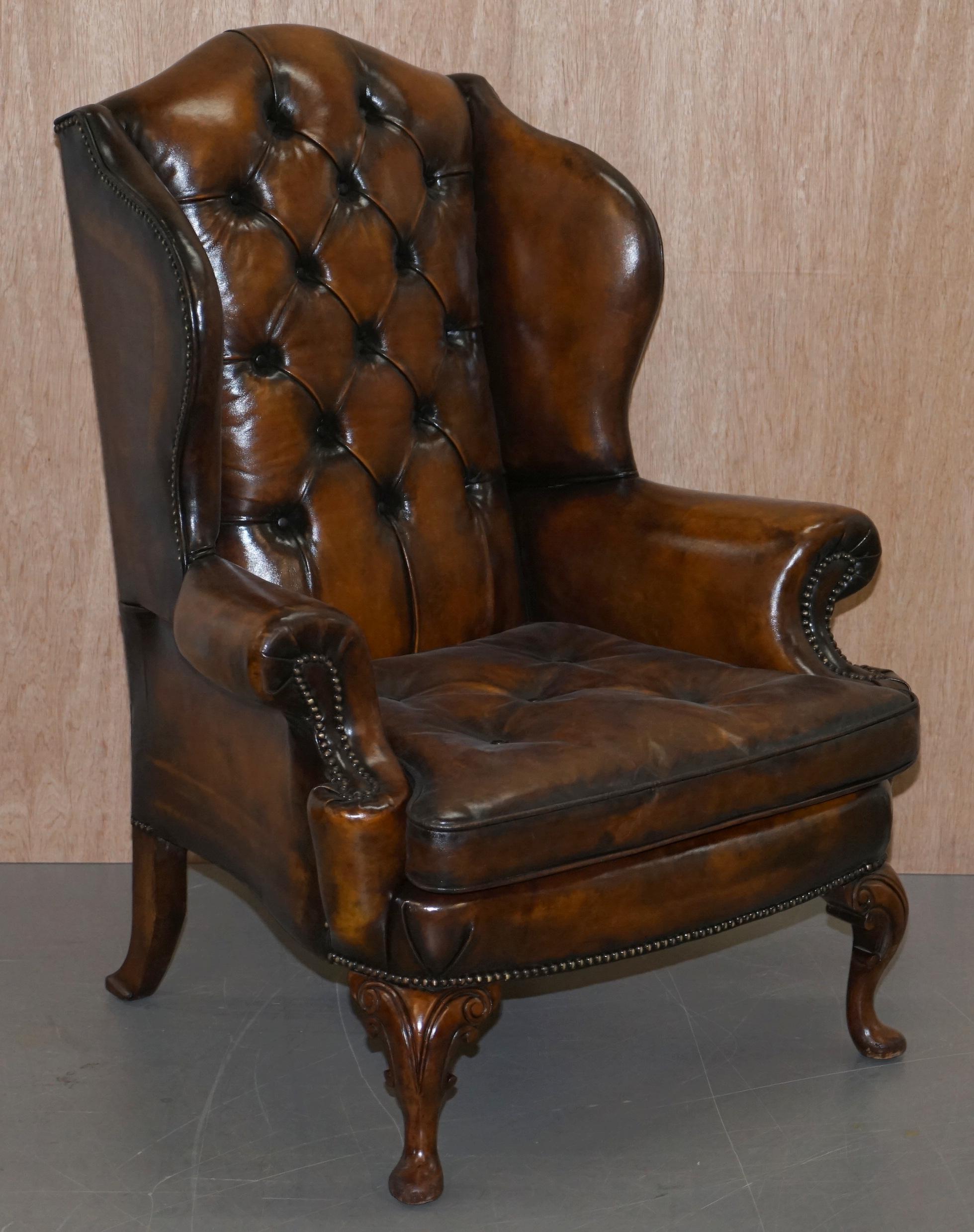 Pair of Georgian Irish Chesterfield Brown Leather Wingback Armchairs Carved Legs 8