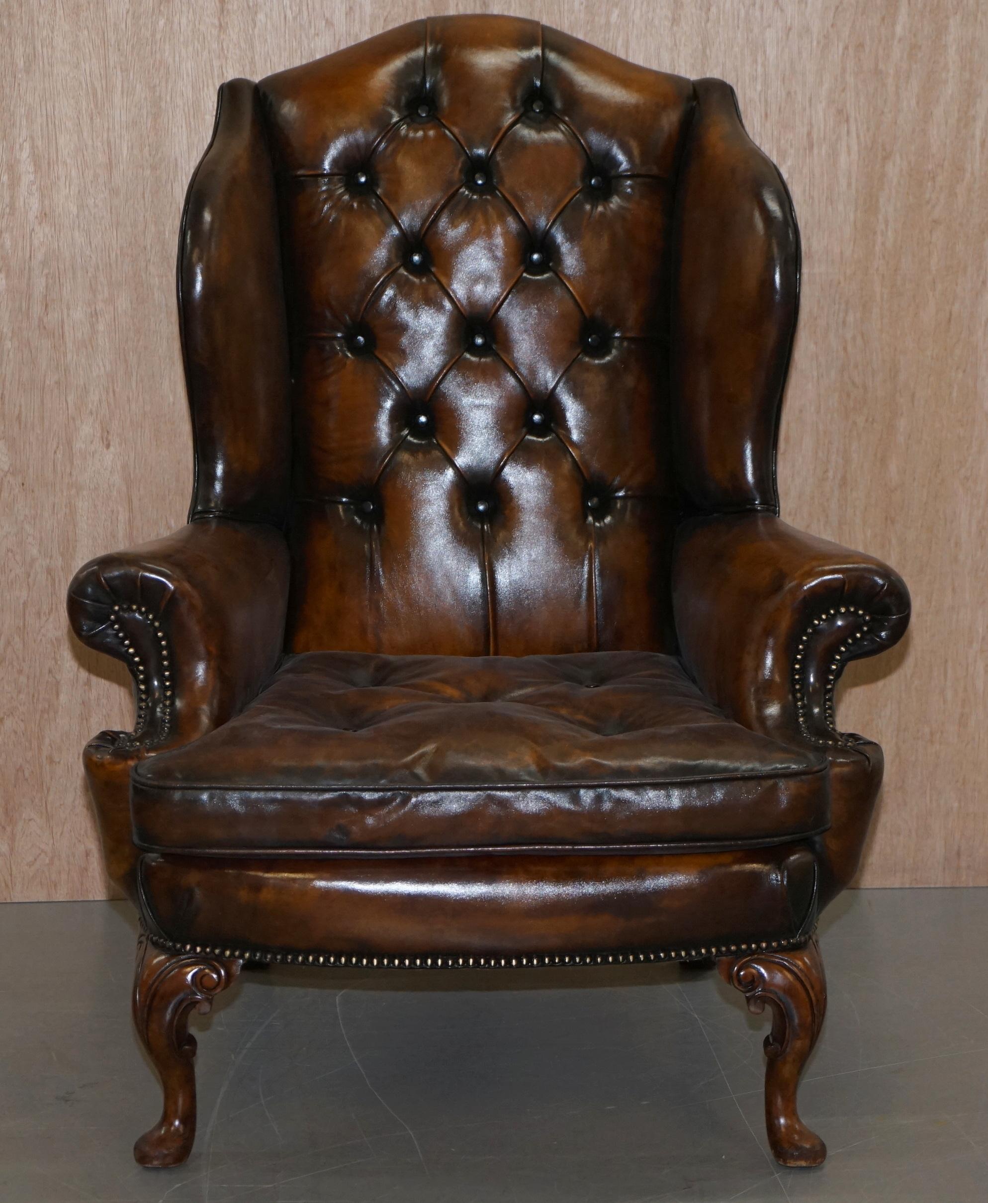 Pair of Georgian Irish Chesterfield Brown Leather Wingback Armchairs Carved Legs 9