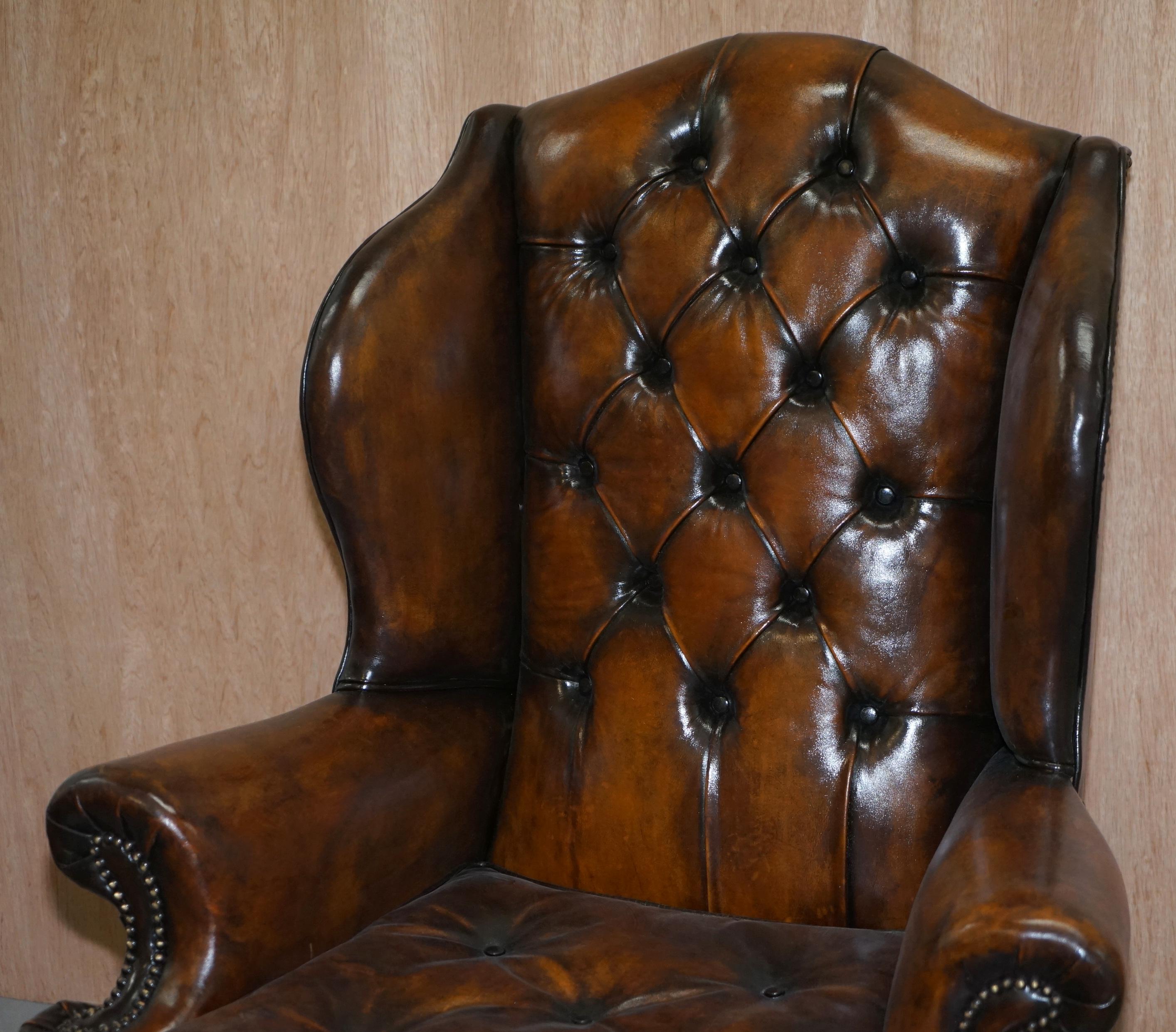 Pair of Georgian Irish Chesterfield Brown Leather Wingback Armchairs Carved Legs 10