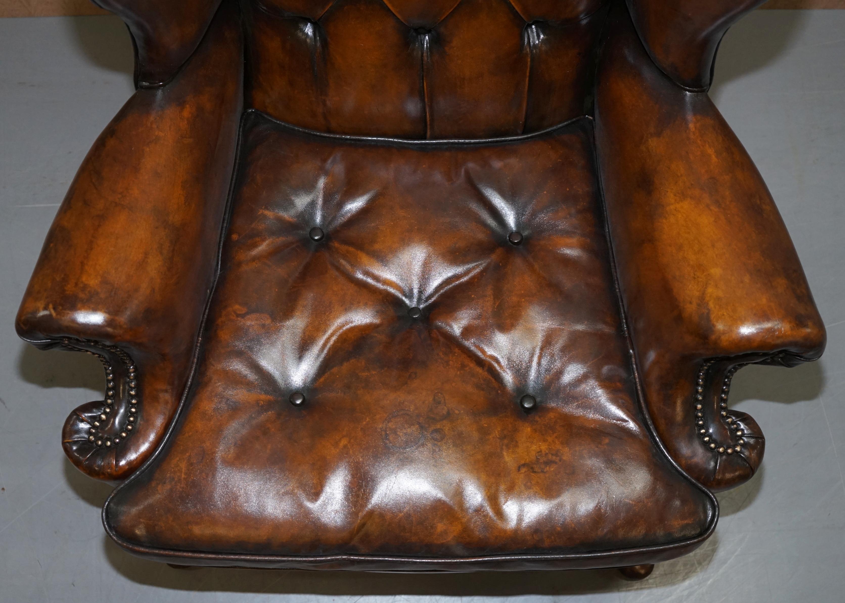 Pair of Georgian Irish Chesterfield Brown Leather Wingback Armchairs Carved Legs 11