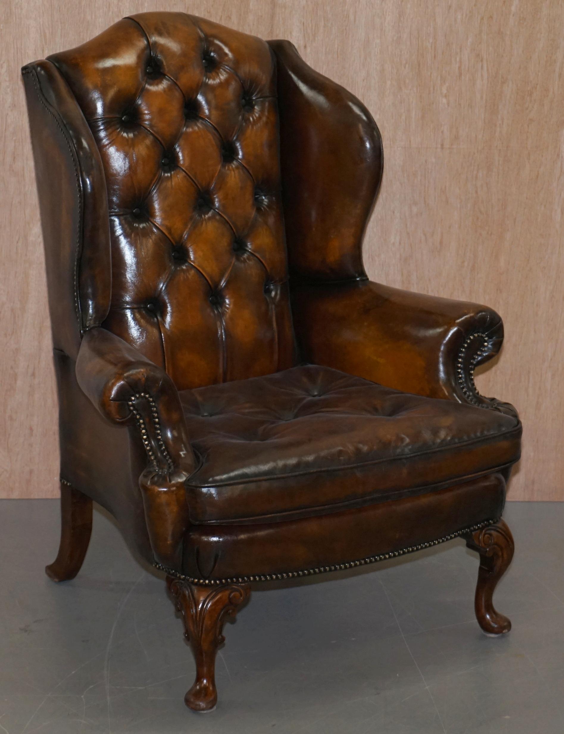 We are delighted to offer for sale this very rare and important pair of original Georgian Irish brown leather Chesterfield armchairs with ornately carved arms

A good looking and well made set, they are upholstered with fully aniline leather, it