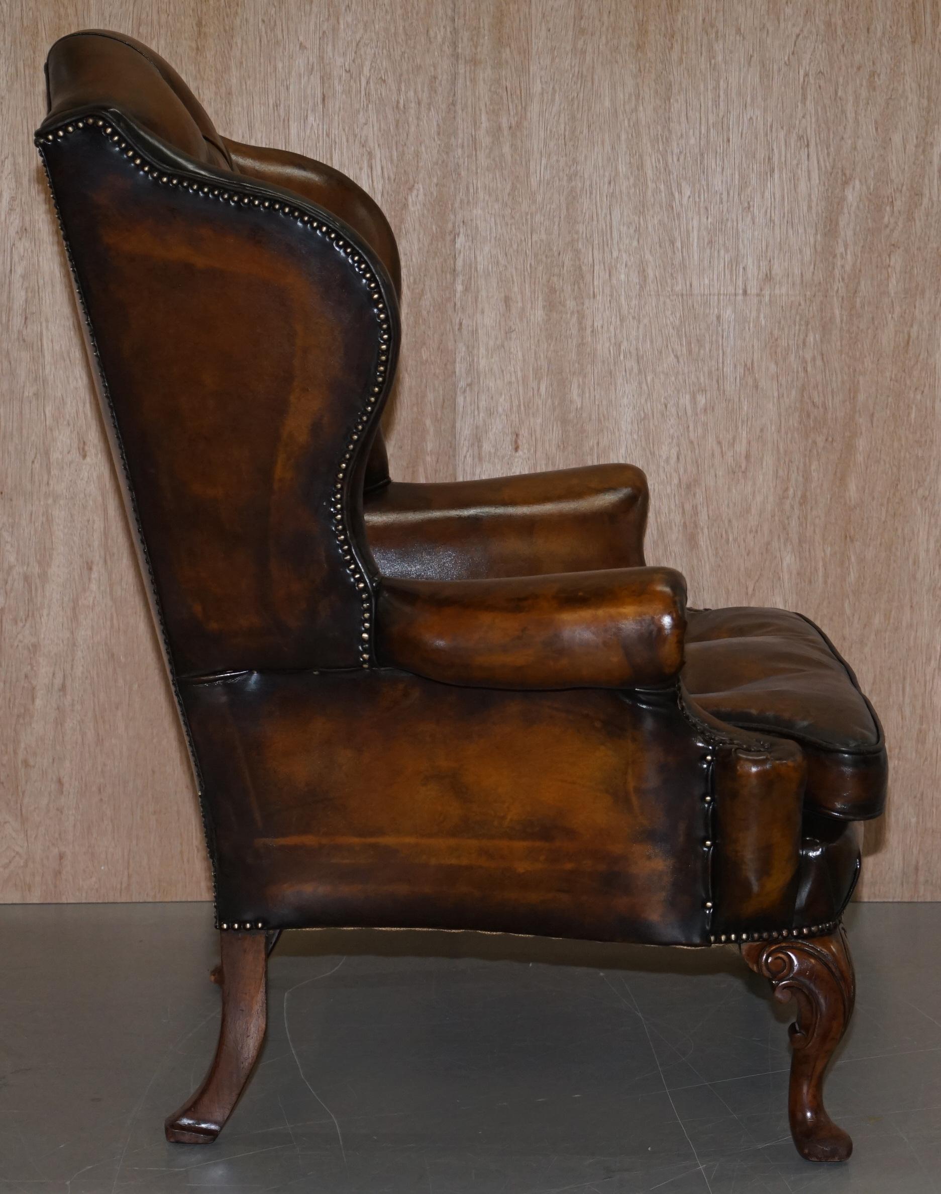 Pair of Georgian Irish Chesterfield Brown Leather Wingback Armchairs Carved Legs 14