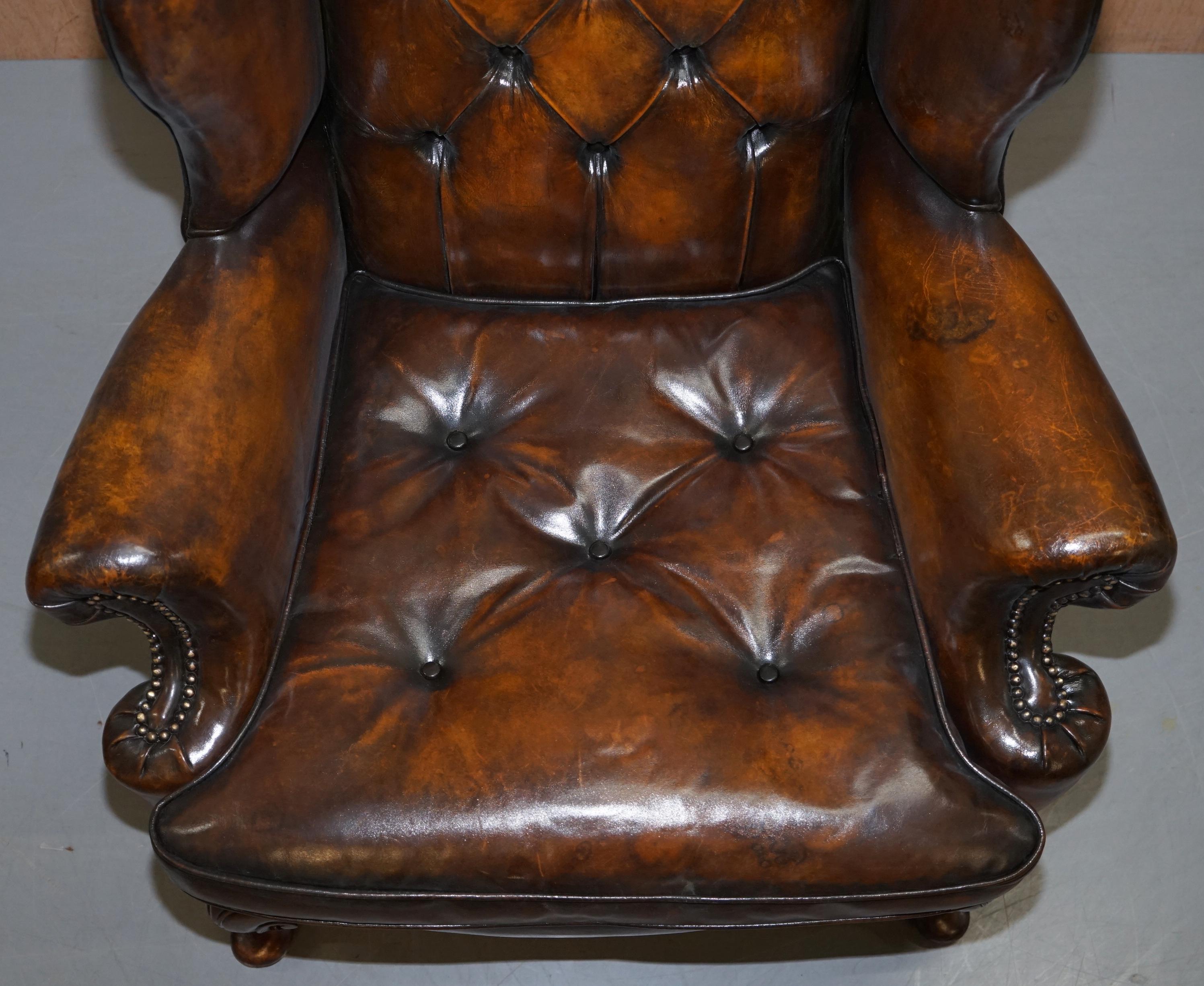 19th Century Pair of Georgian Irish Chesterfield Brown Leather Wingback Armchairs Carved Legs