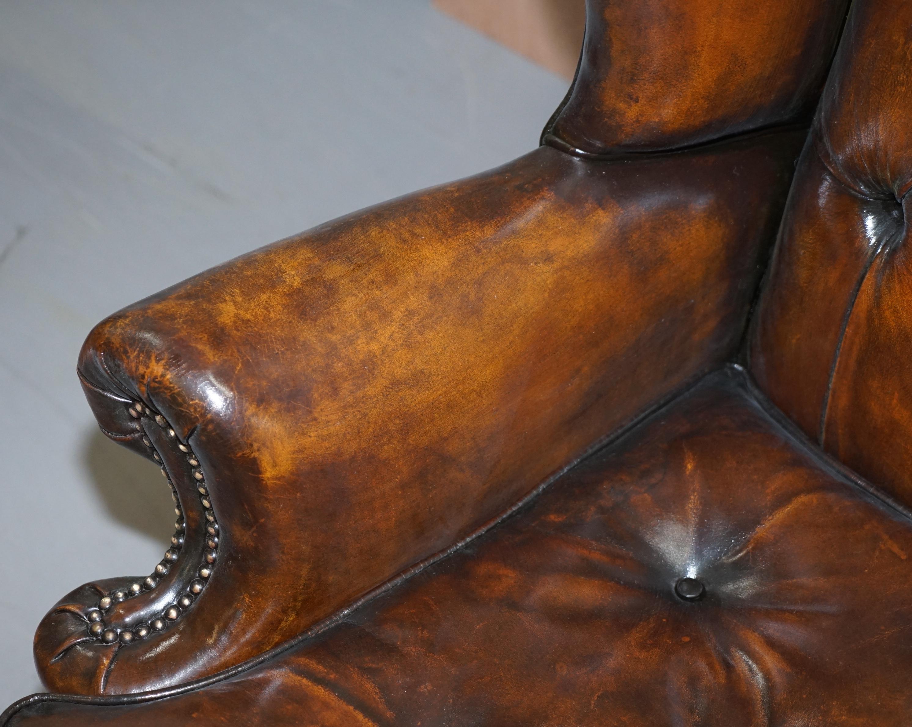 Pair of Georgian Irish Chesterfield Brown Leather Wingback Armchairs Carved Legs 1