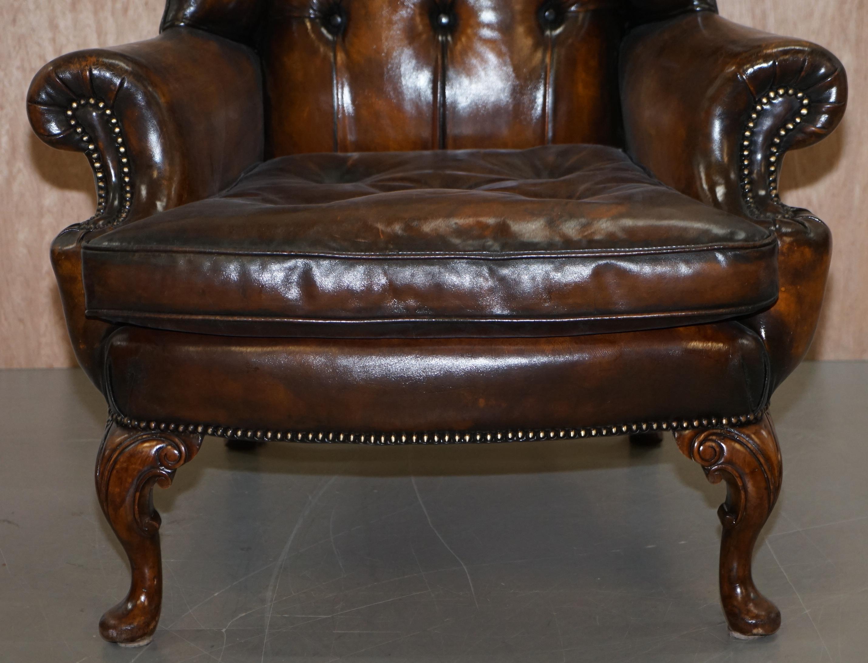 Pair of Georgian Irish Chesterfield Brown Leather Wingback Armchairs Carved Legs 2