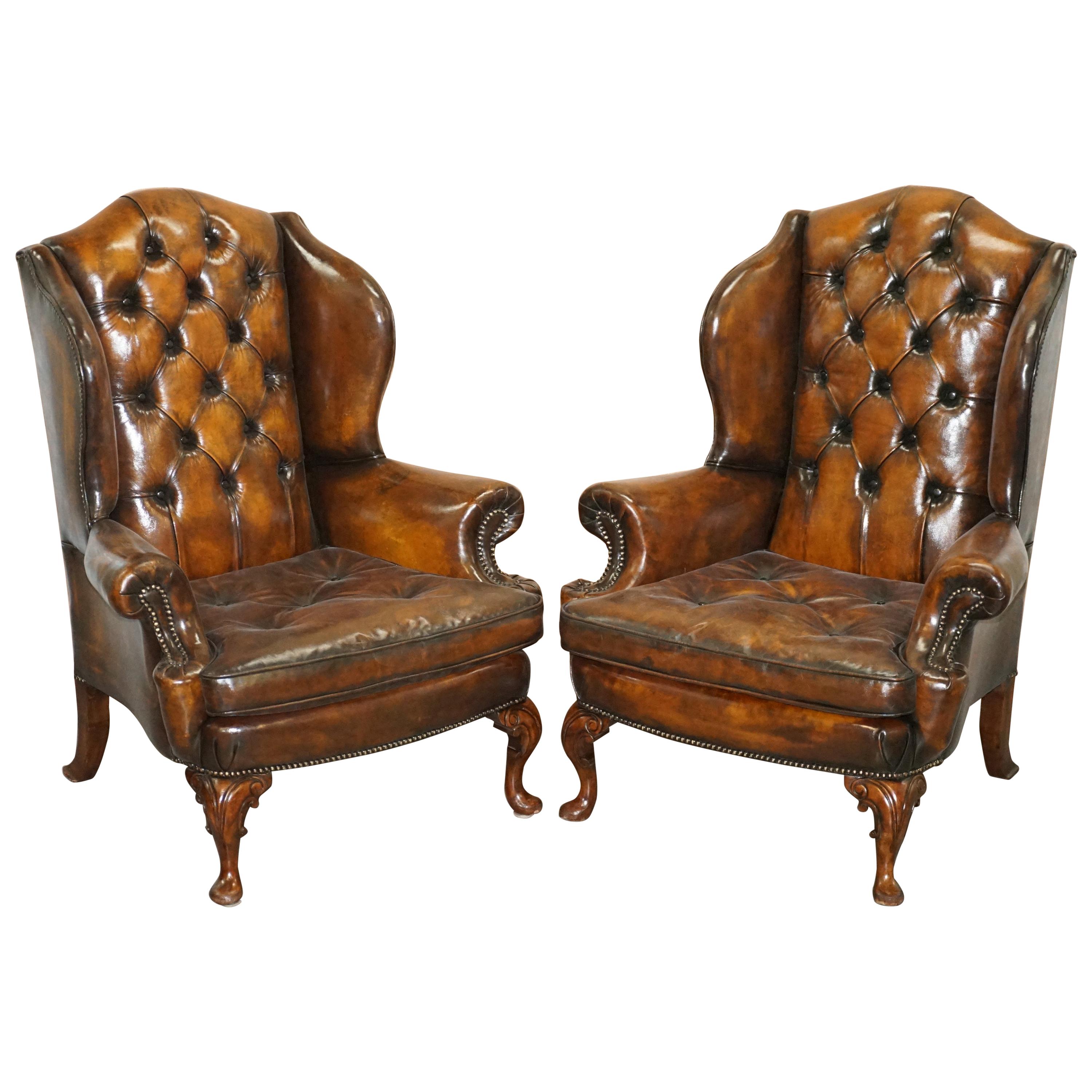 Pair of Georgian Irish Chesterfield Brown Leather Wingback Armchairs Carved Legs