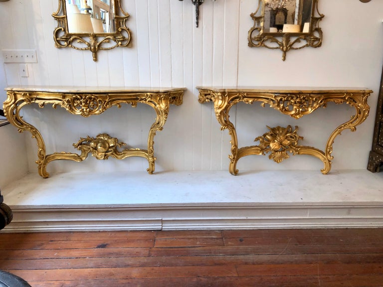 George III Pair of Georgian Irish Giltwood Consoles with Scagliola Marble Tops For Sale