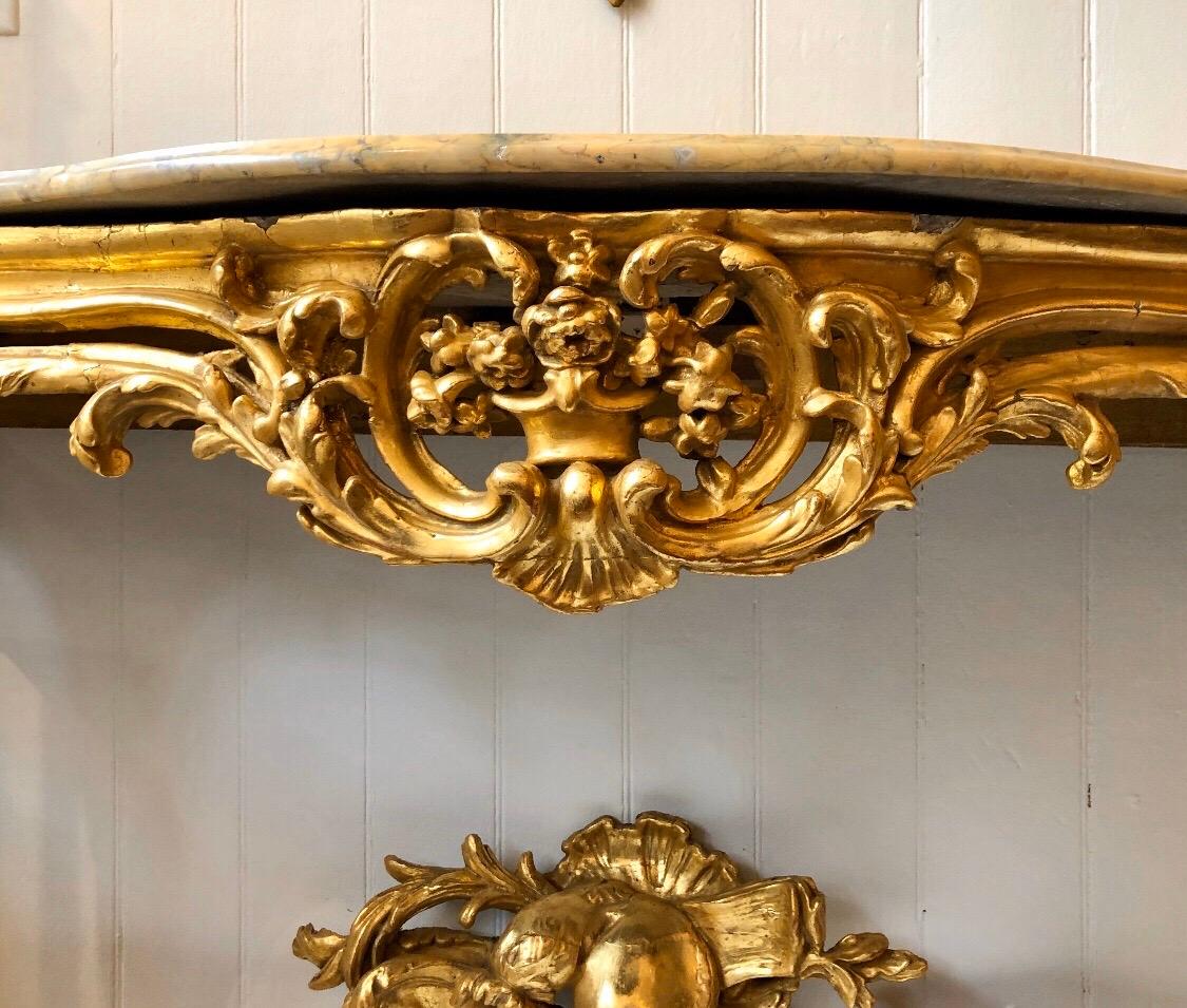 Pair of Georgian Irish Giltwood Consoles with Scagliola Marble Tops 1