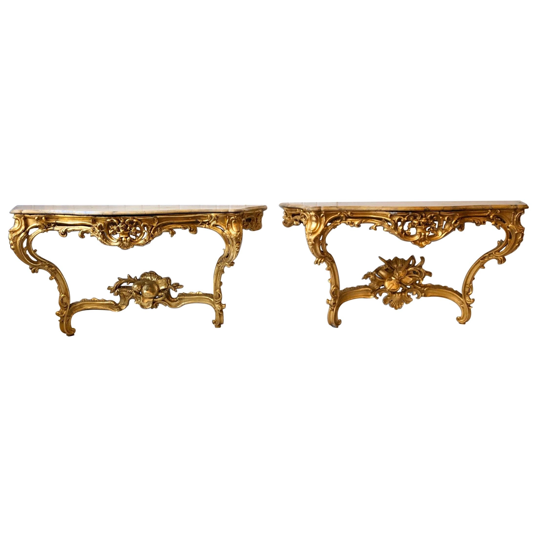 Pair of Georgian Irish Giltwood Consoles with Scagliola Marble Tops