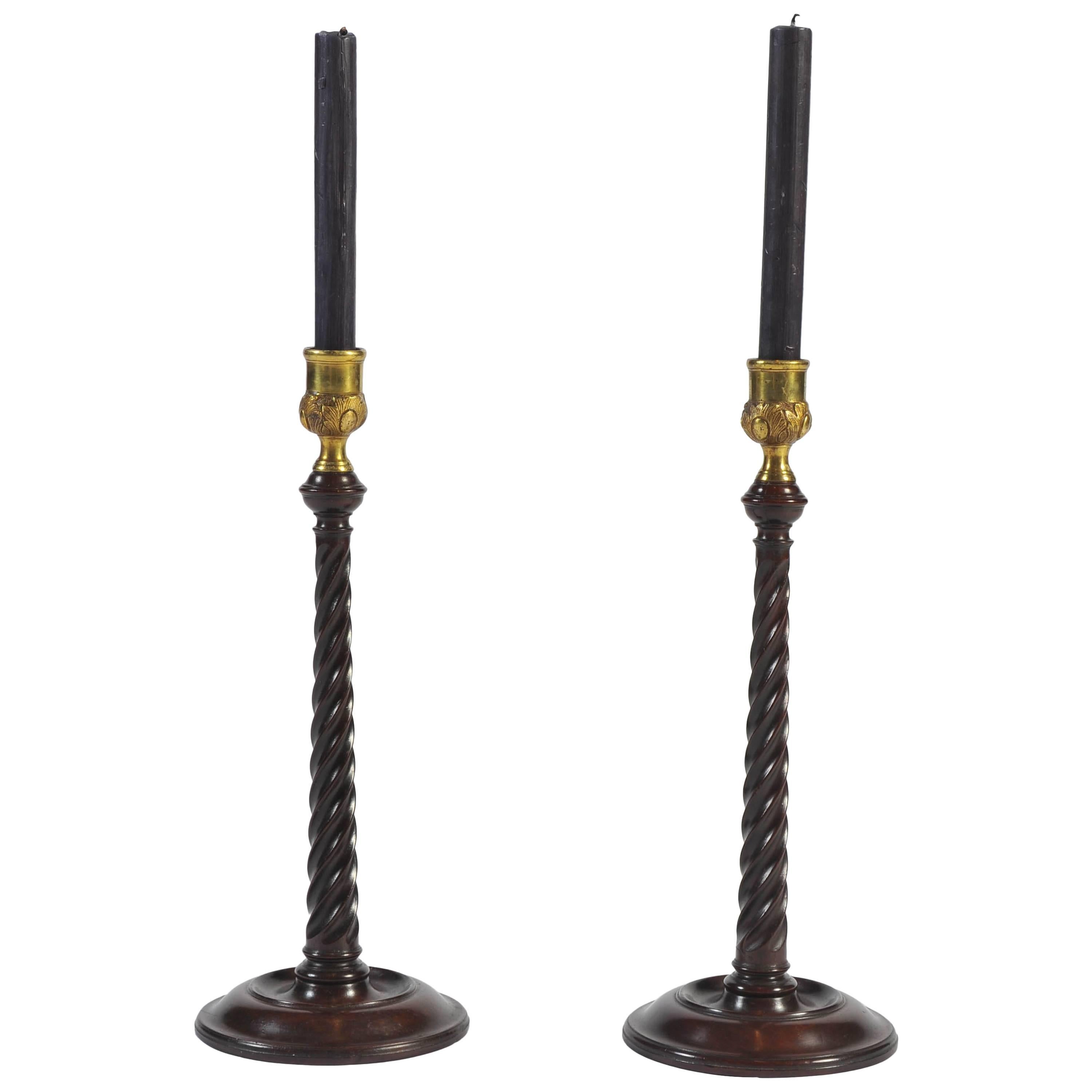 Pair of Georgian Mahogany Candlesticks with Brass Sconces, circa 1760 For Sale