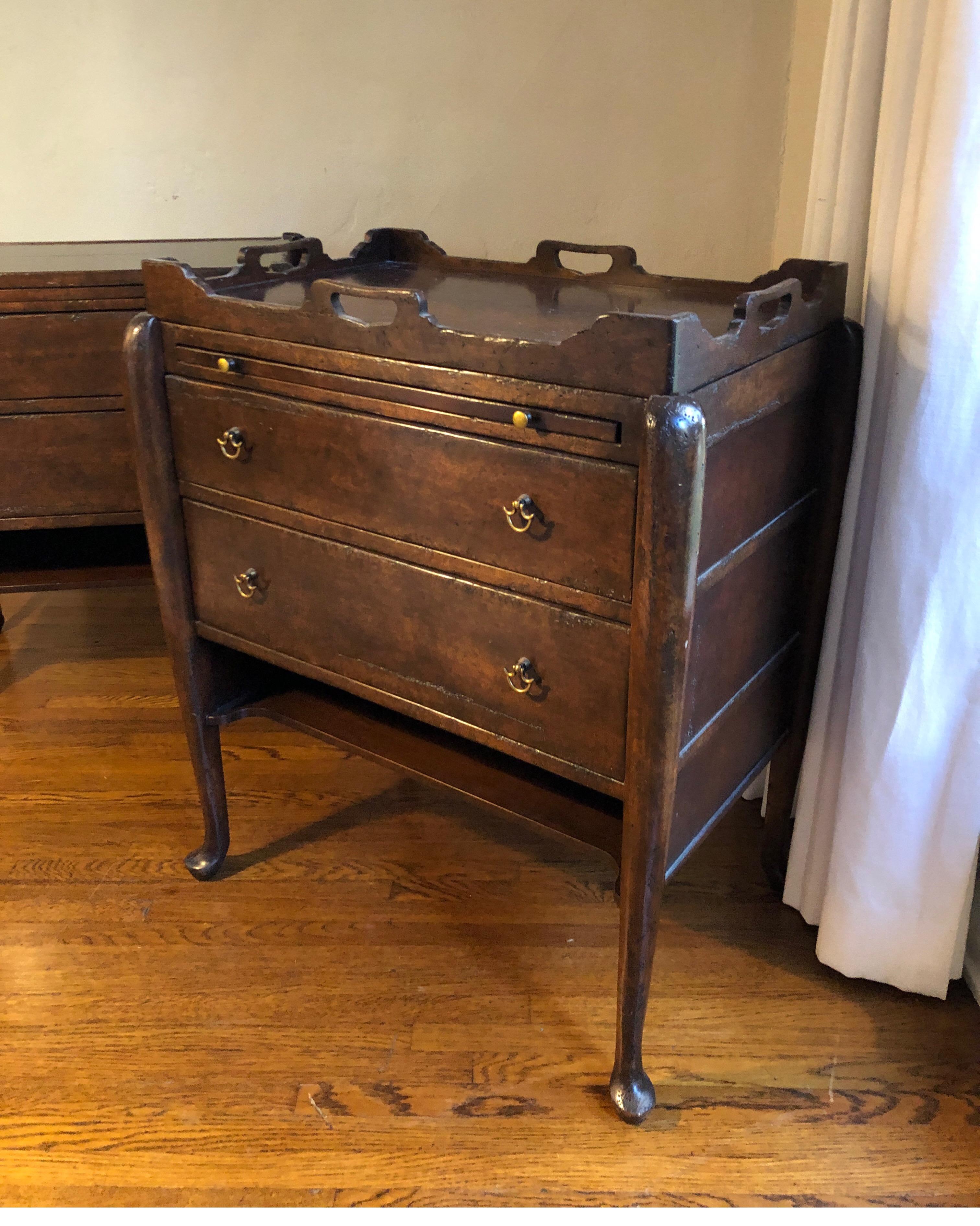 A fine pair of Georgian style walnut tray (removable) top commodes, or bedside/night tables. Pull out valet table in each with brass hardware.
Removable top makes them transitional for a more clean/modern style.
Drawers open and close smooth and