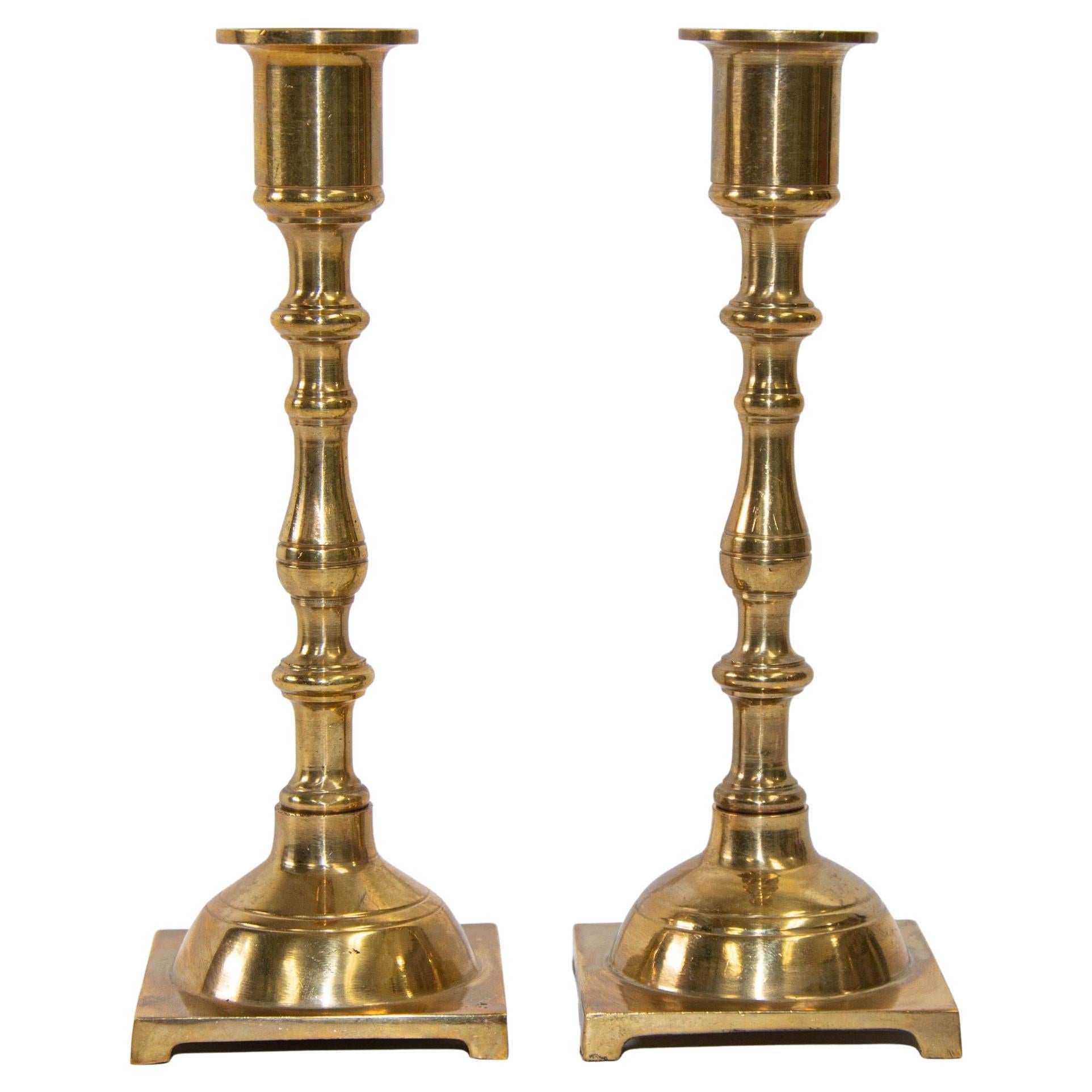 Pair of Georgian Polished Brass Candlesticks with Square Base For Sale