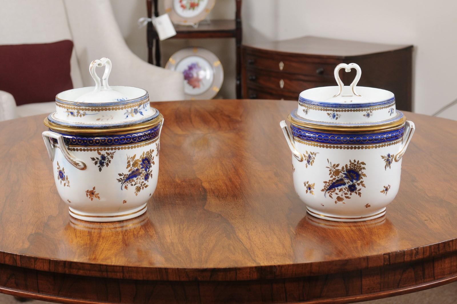 Pair of Georgian Porcelain Fruit Coolers w/ Cobalt Blue & Gilt Floral Decoration For Sale 6