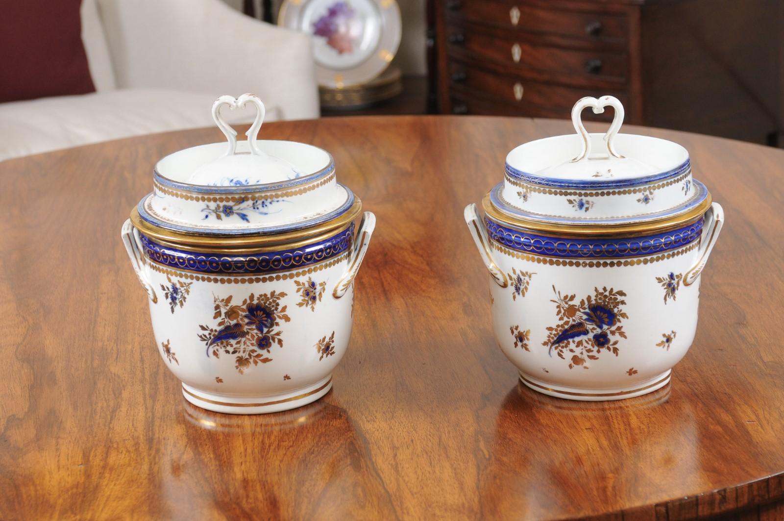 19th Century Pair of Georgian Porcelain Fruit Coolers w/ Cobalt Blue & Gilt Floral Decoration For Sale