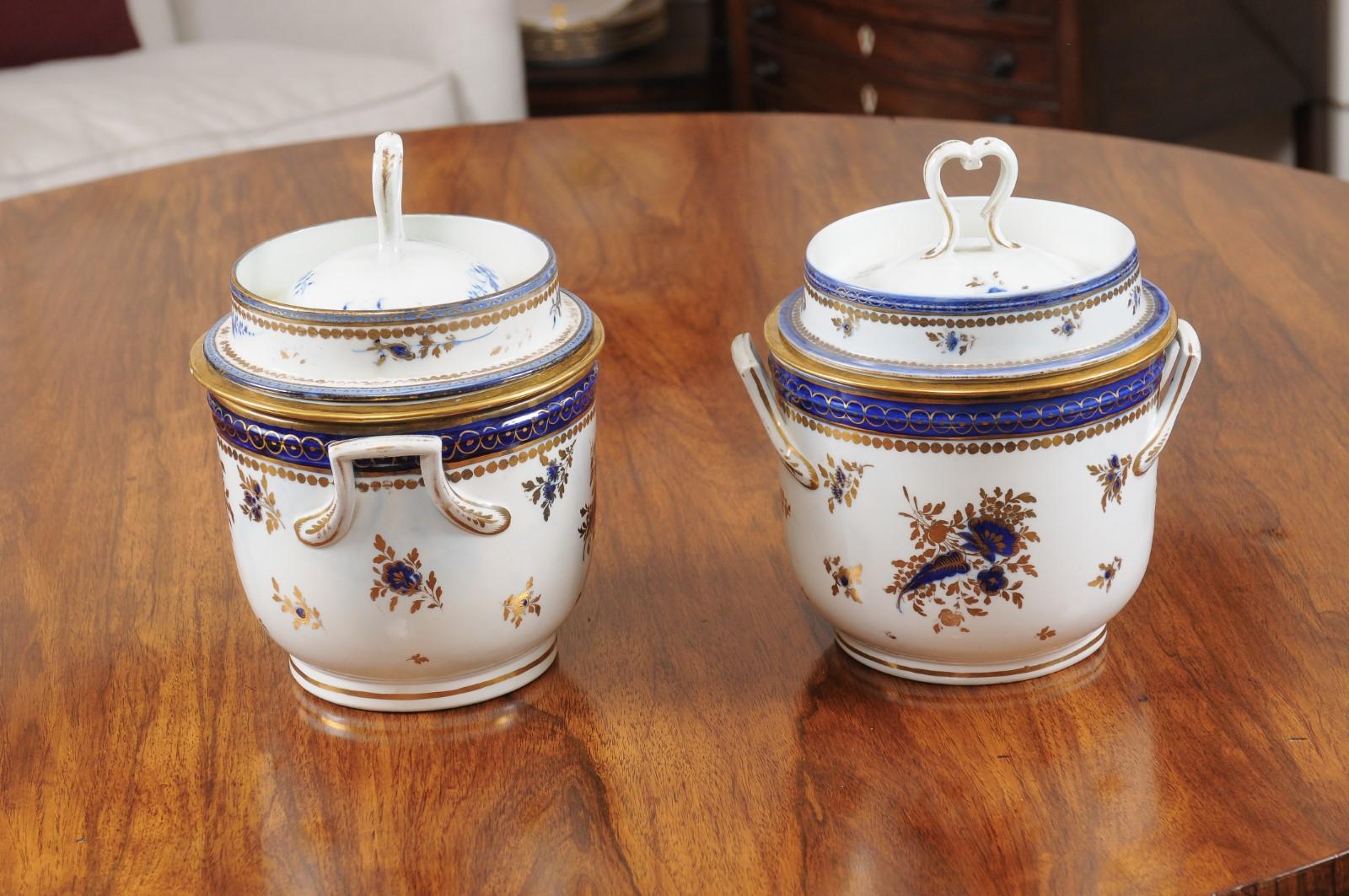 Pair of Georgian Porcelain Fruit Coolers w/ Cobalt Blue & Gilt Floral Decoration For Sale 1