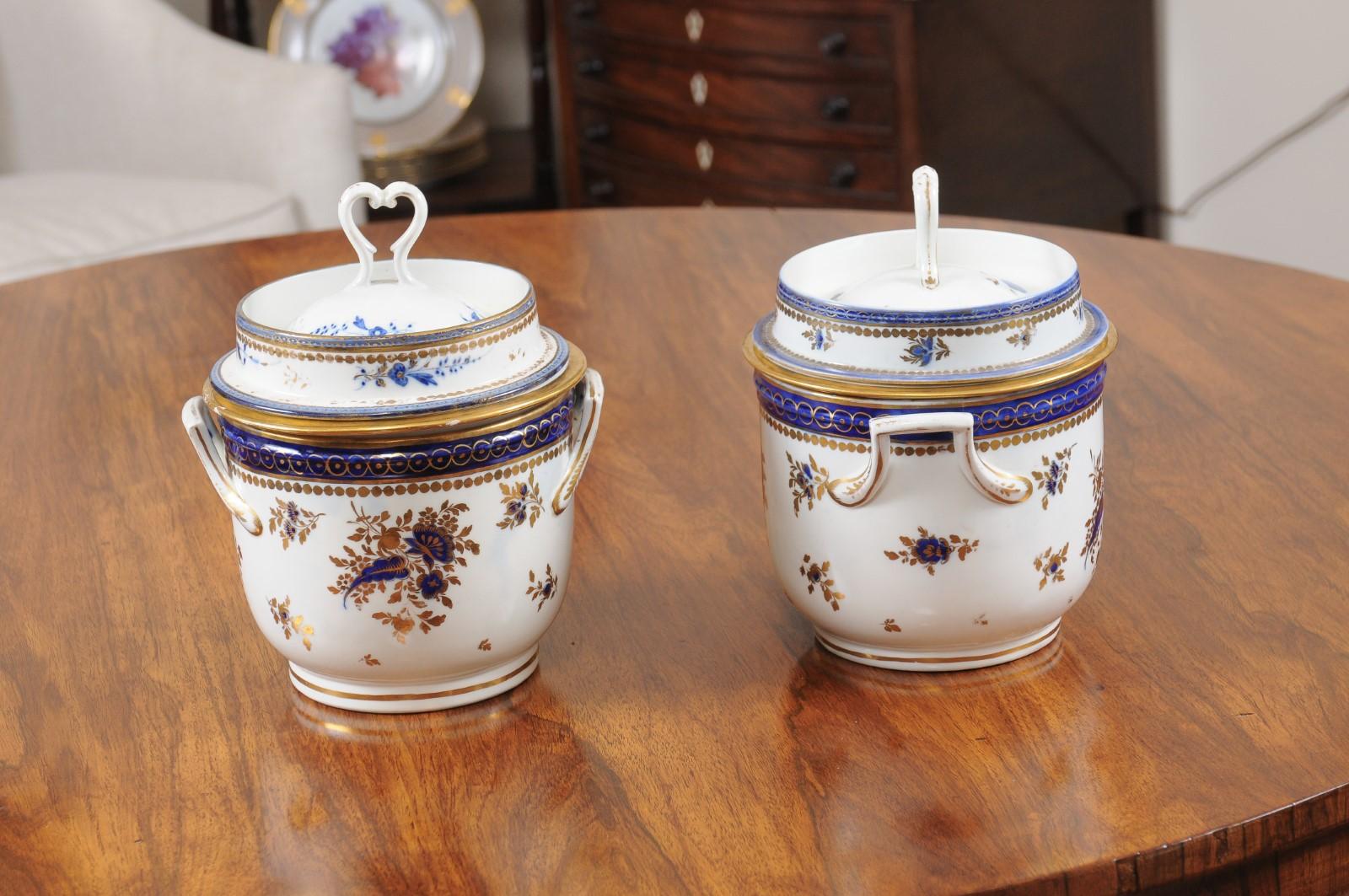 Pair of Georgian Porcelain Fruit Coolers w/ Cobalt Blue & Gilt Floral Decoration For Sale 2