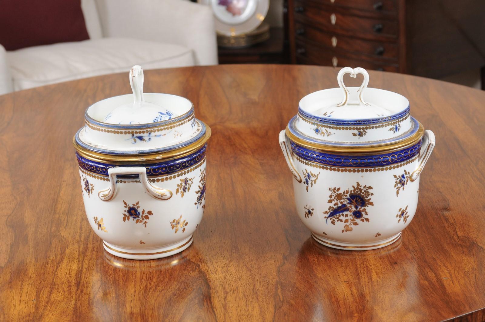 Pair of Georgian Porcelain Fruit Coolers w/ Cobalt Blue & Gilt Floral Decoration For Sale 3