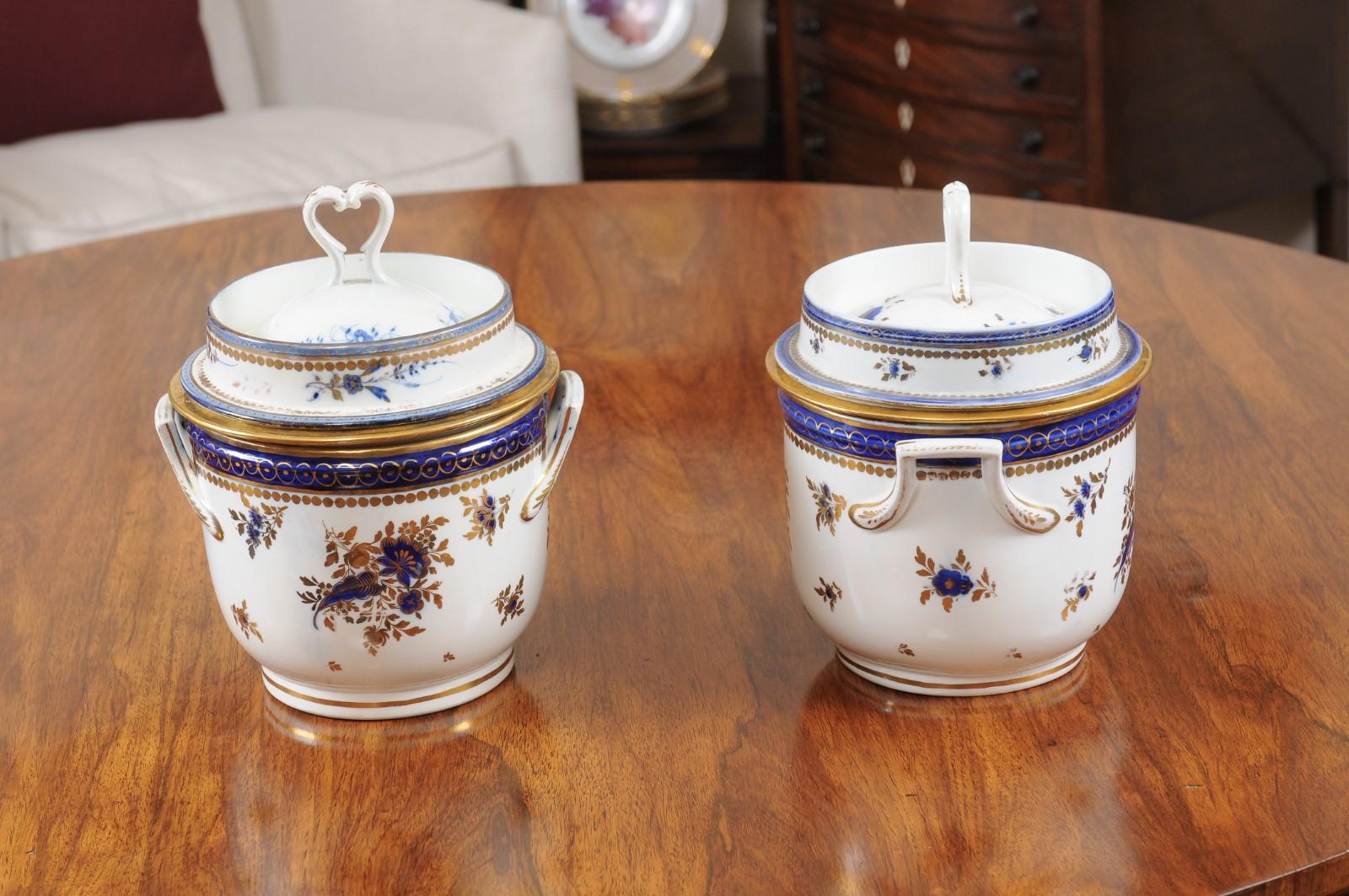 Pair of Georgian Porcelain Fruit Coolers w/ Cobalt Blue & Gilt Floral Decoration For Sale 4