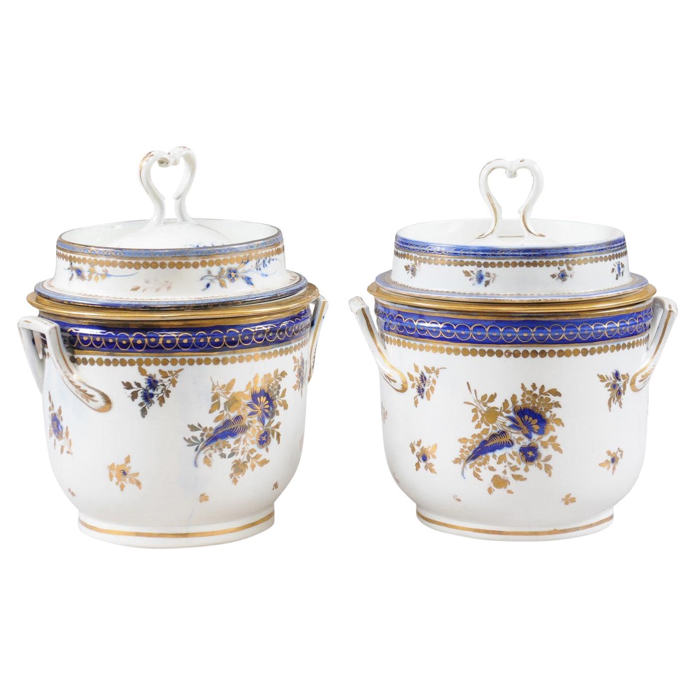 Pair of Georgian Porcelain Fruit Coolers w/ Cobalt Blue & Gilt Floral Decoration For Sale