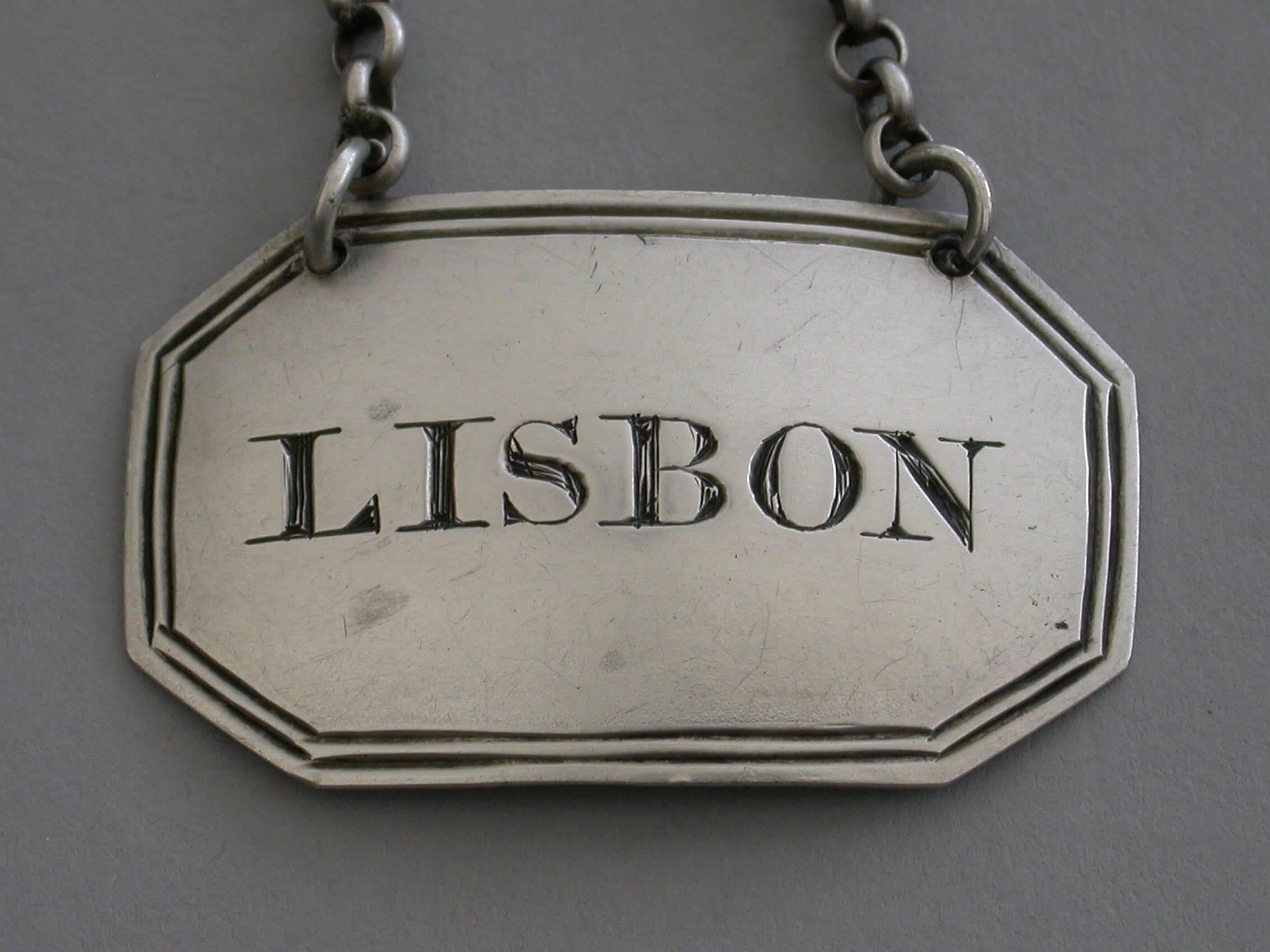 Early 19th Century Pair of Georgian Provincial Silver Wine Labels 'Lisbon & Teneriffe', circa 1820 For Sale