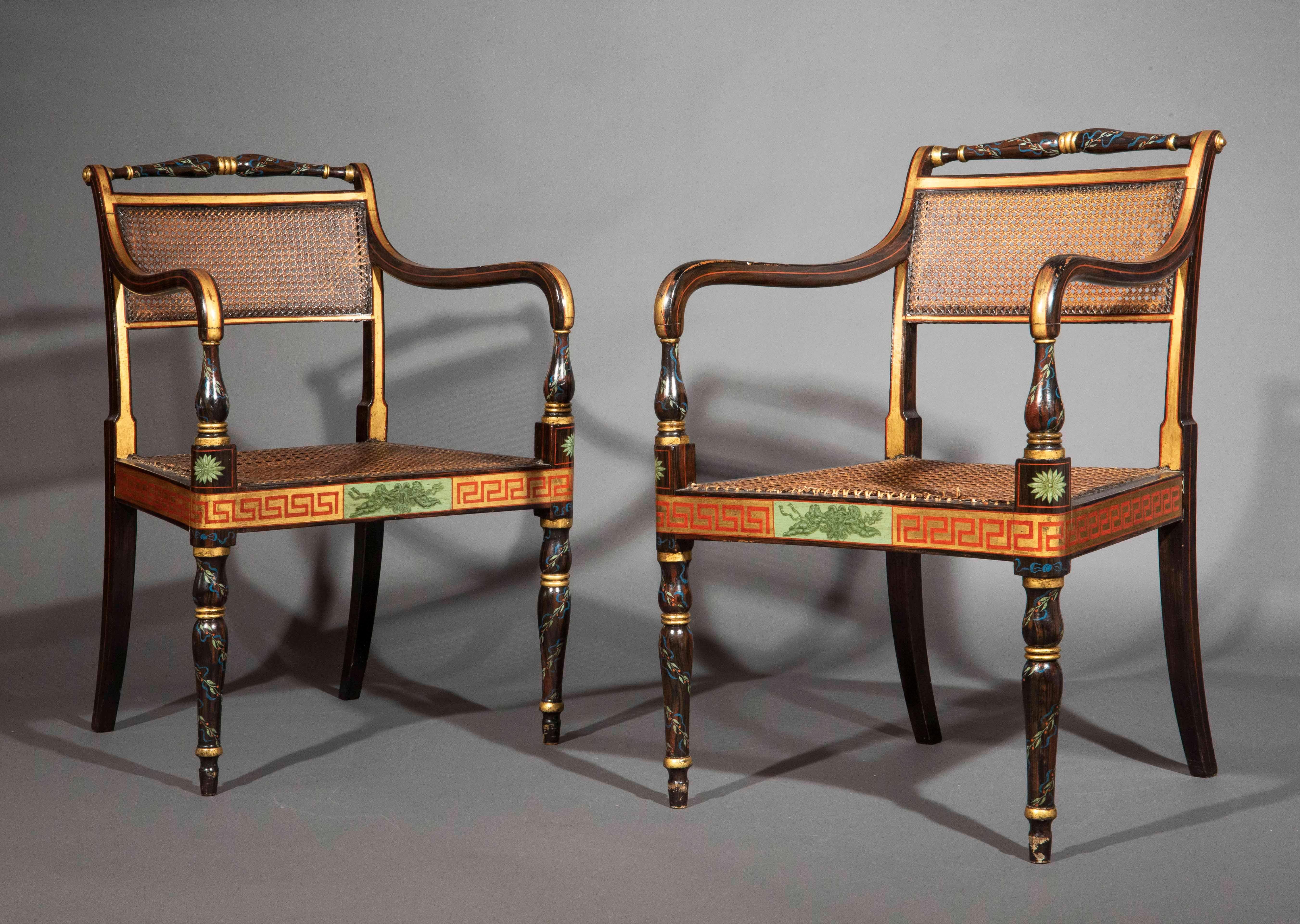 Wood Pair of Regency Painted Armchairs For Sale
