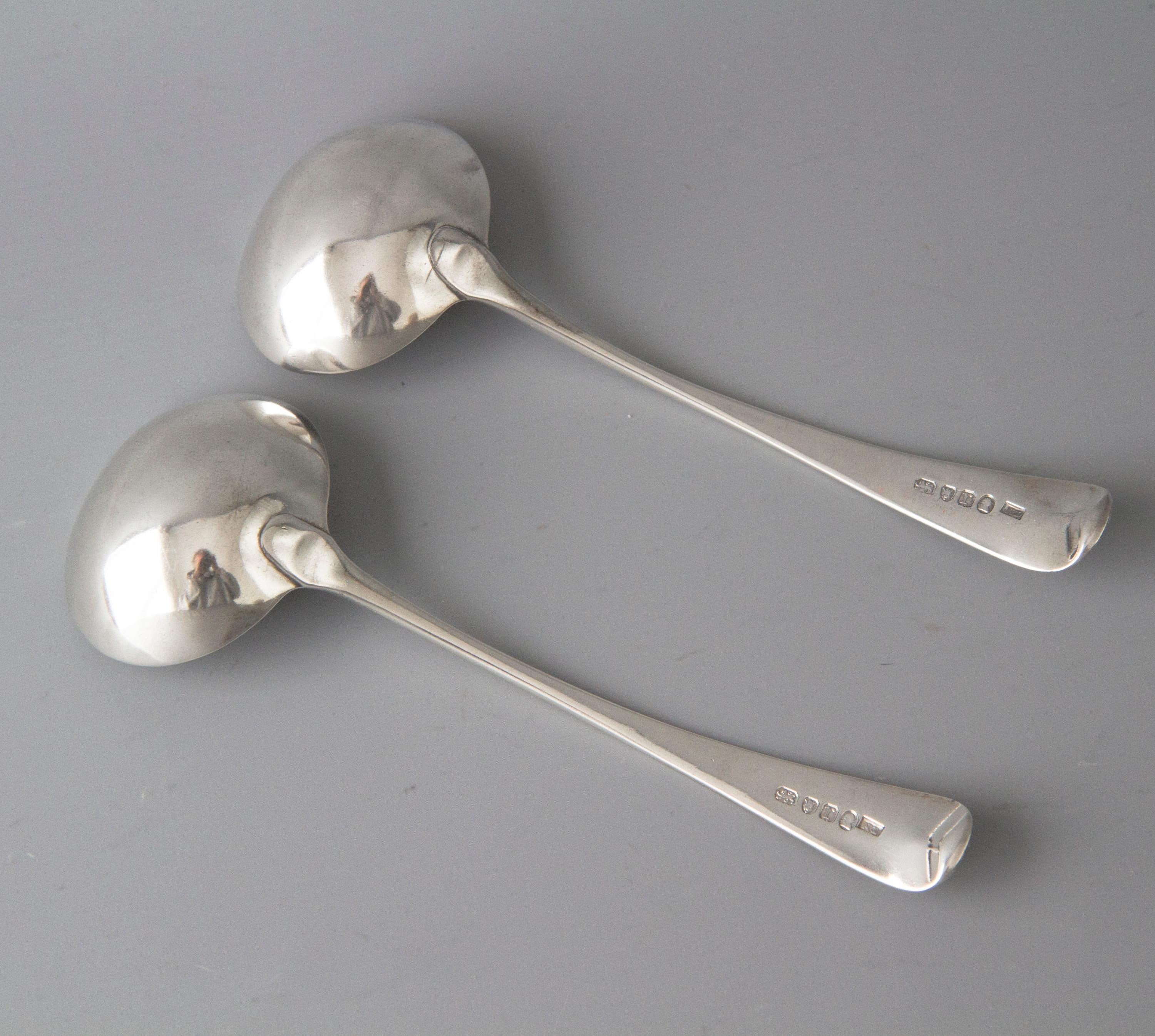 A good quality pair of George III silver ladles in old English pattern. 
 
Marked to the reverse for London 1792 by Thomas Northcote. Each monogrammed with the letter A in gothic script.
 
A fine pair of ladles. Both in very good condition and