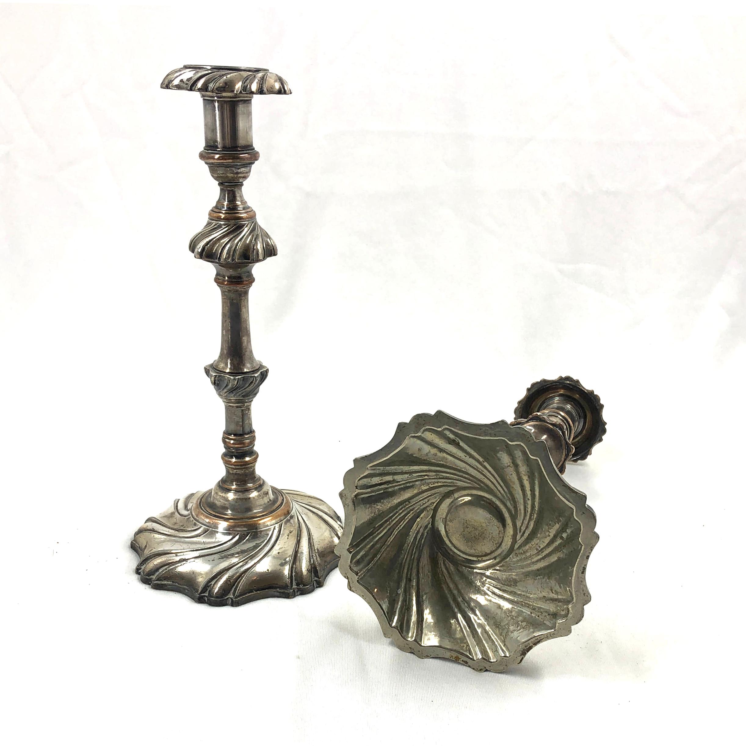 English Pair of Georgian Silvered Candlesticks For Sale