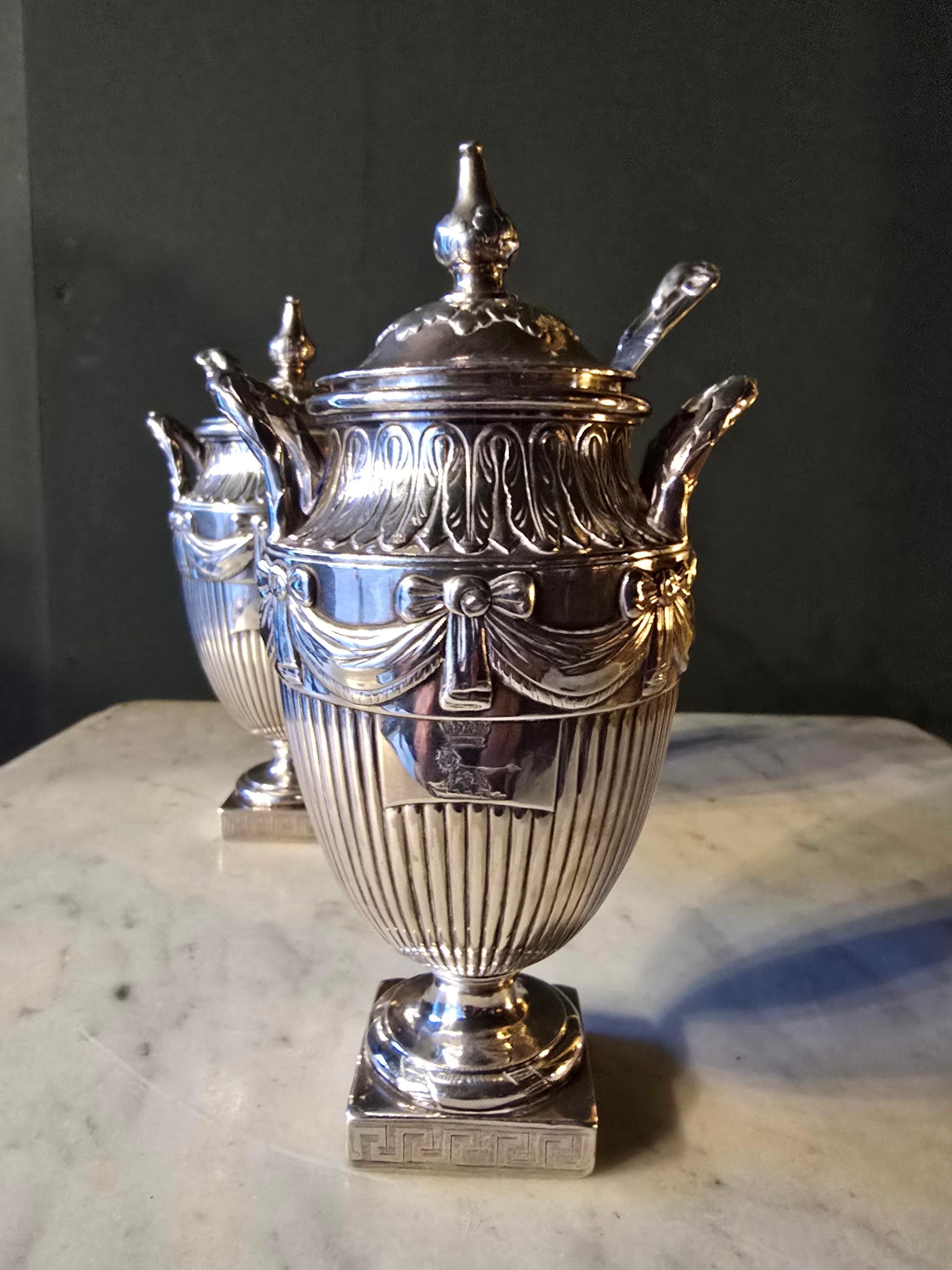 Coppia unica di portacondimenti neoclassici in argento massiccio con cucchiai originali.  Si tratta di una pesante fusione d'argento risalente al 1781 e creata dai golsmiths londinesi John Wakelin & William Taylor.  Erano produttori molto importanti