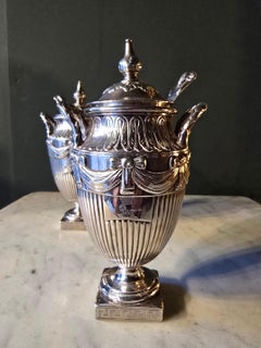 Pair of Georgian Solid Silver Condiment Urns with Spoons