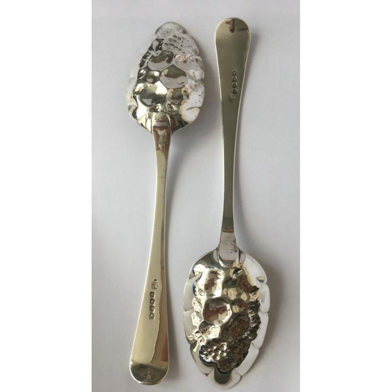 This ornate pair of spoons are in excellent condition. The bowls of the spoons are and the handles are engraved with leaves and fruit.
Jonathan Hayne was apprenticed to Thomas Wallis in 1796, was free from that contract in 1804. He died in 1848. So