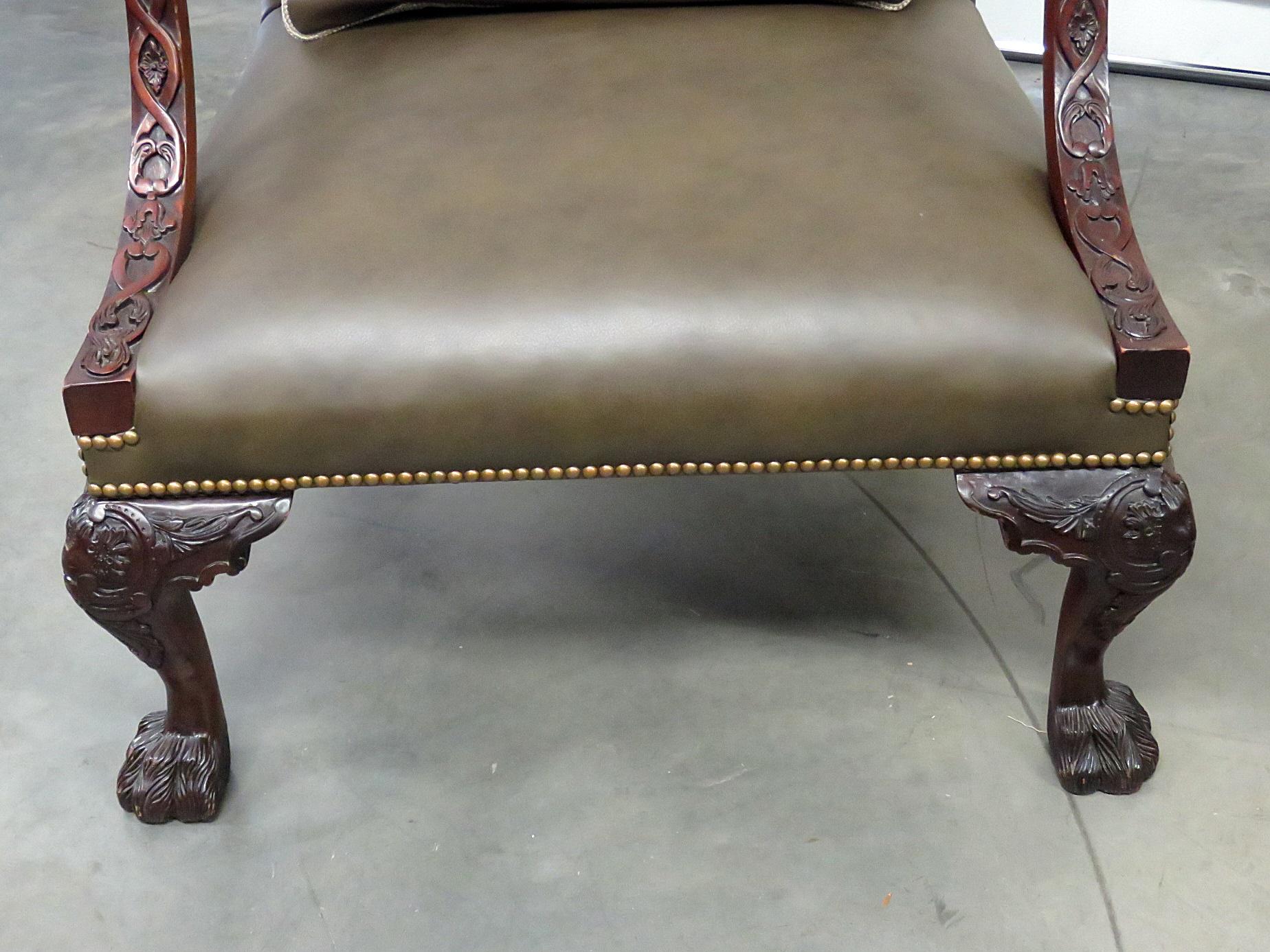 Pair of Large Leather Carved Mahogany Georgian Style Armchairs In Good Condition In Swedesboro, NJ