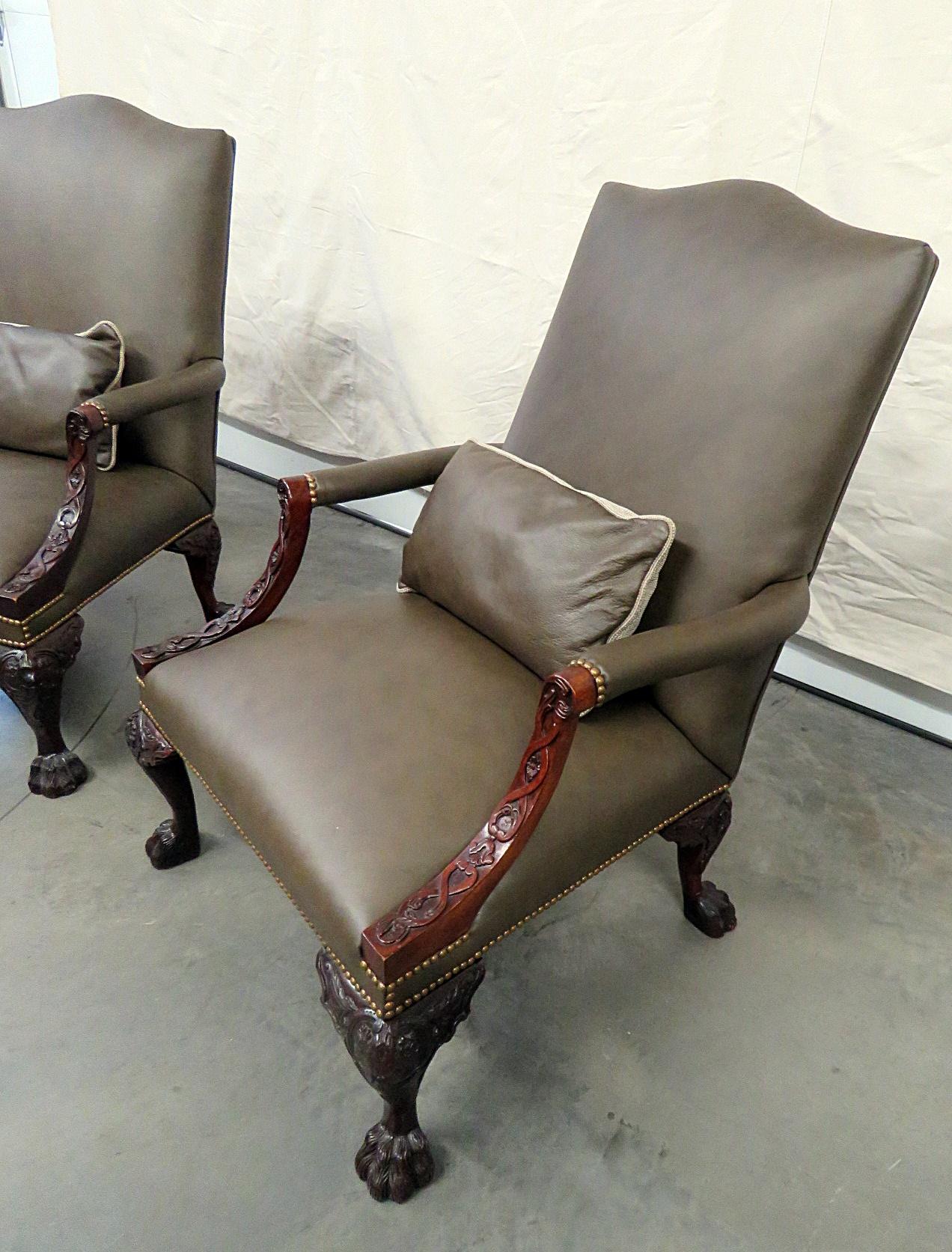 Wood Pair of Large Leather Carved Mahogany Georgian Style Armchairs