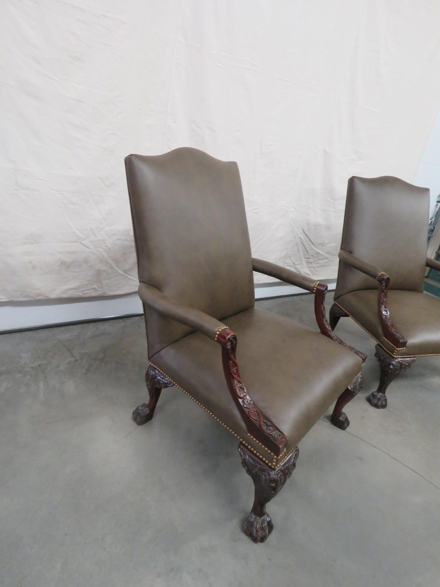 Pair of Large Leather Carved Mahogany Georgian Style Armchairs 2