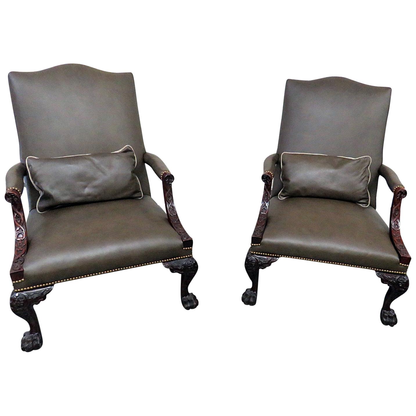 Pair of Large Leather Carved Mahogany Georgian Style Armchairs