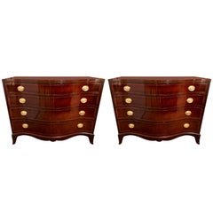 Vintage Pair of Georgian Style Banded Mahogany Serpentine Front Commodes by Fancher Furn