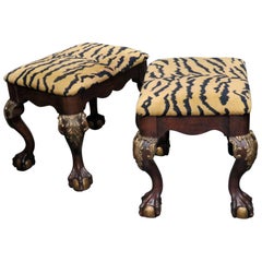 Pair of Tiger Print Upholstered Carved Mahogany Georgian Style Benches