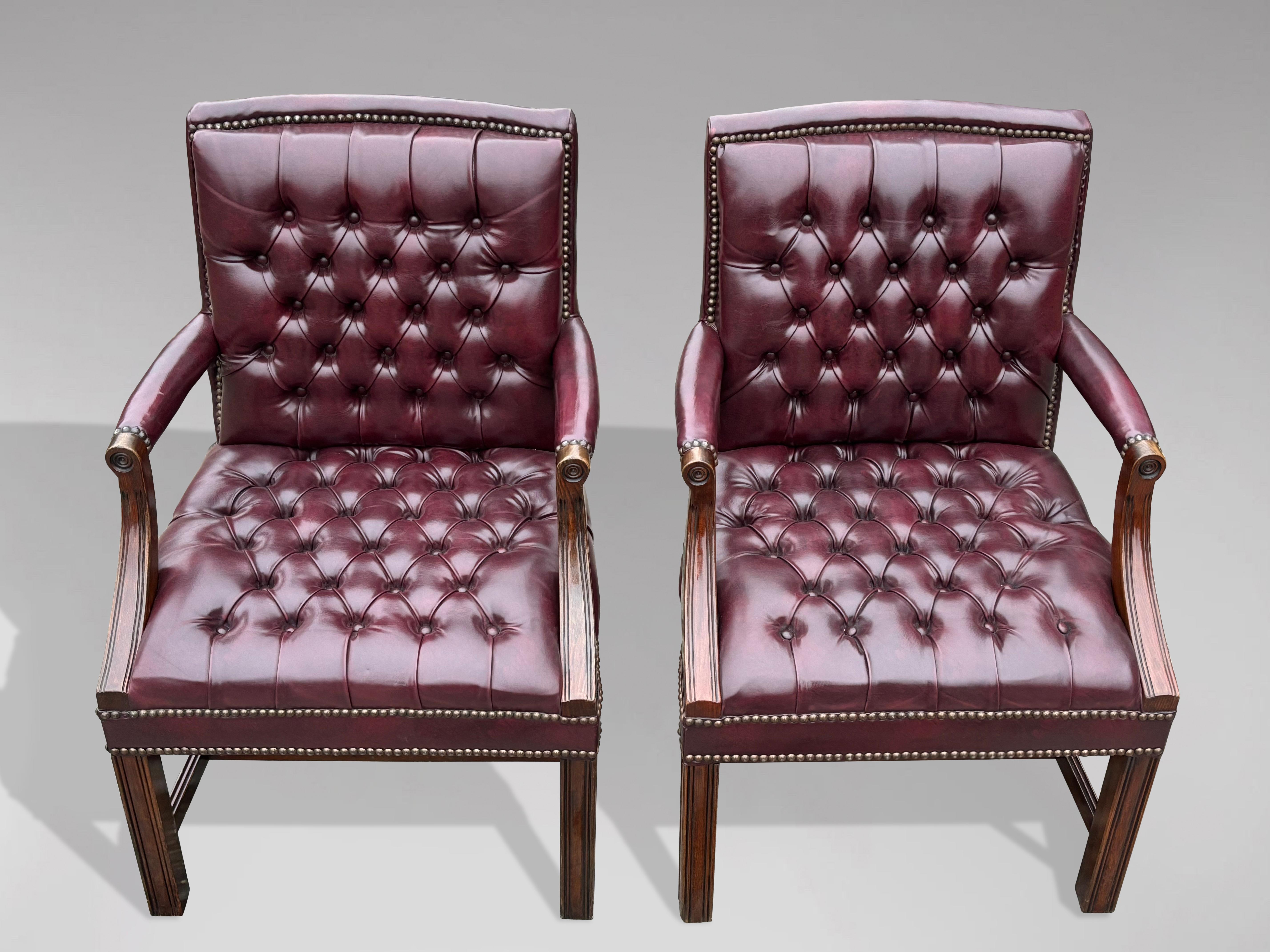 British Pair of Georgian Style Burgundy Leather Gainsborough Armchairs For Sale
