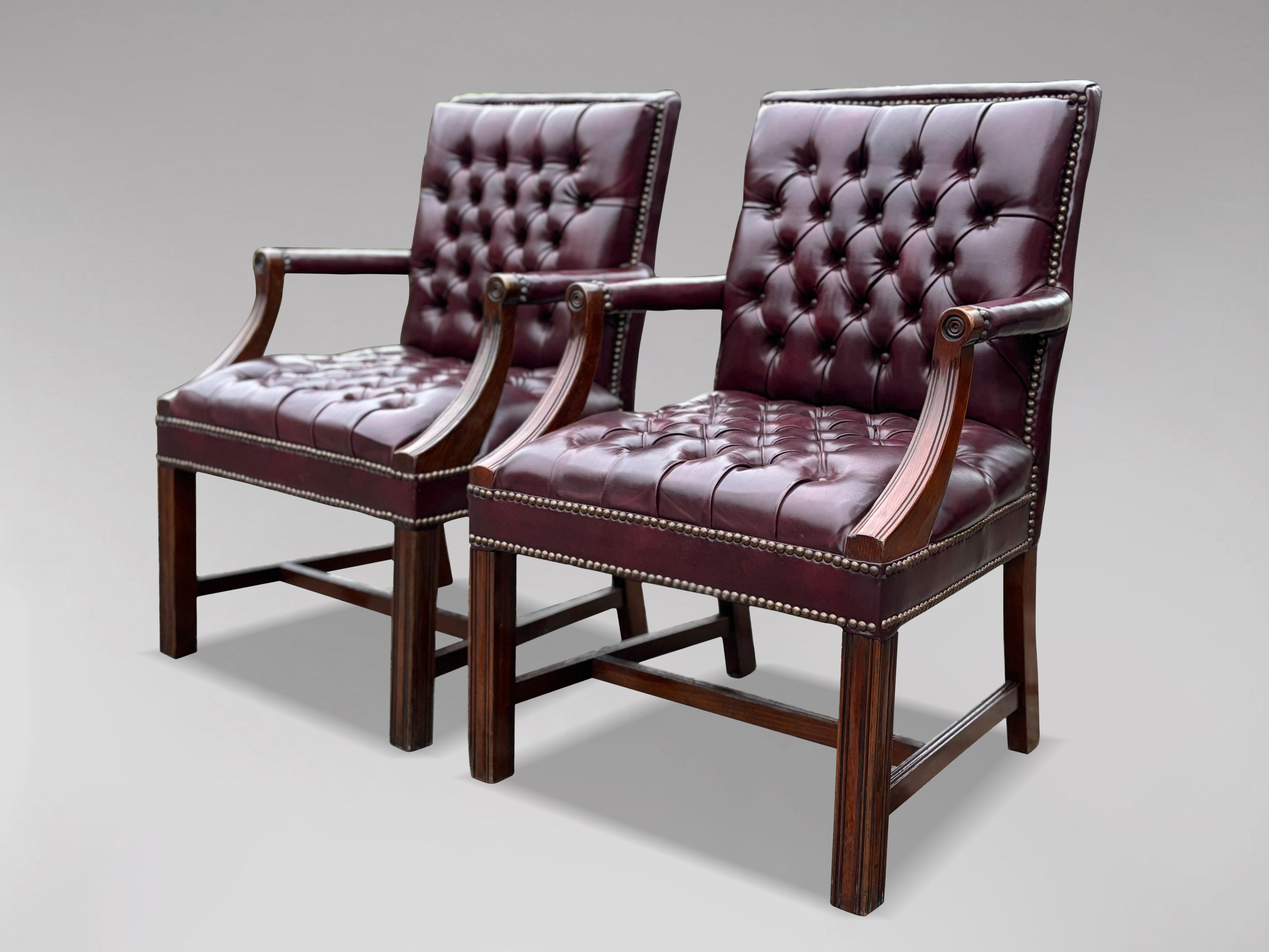 Hand-Crafted Pair of Georgian Style Burgundy Leather Gainsborough Armchairs For Sale