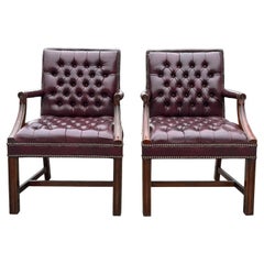 Vintage Pair of Georgian Style Burgundy Leather Gainsborough Armchairs