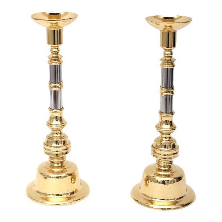 This stylish and chic pair of Georgian style candlesticks date to the 1980s and were fabricated in polished brass and chrome for a modern updated look.

Note: The set has been professionally polished and the brass has been lacquered thus no