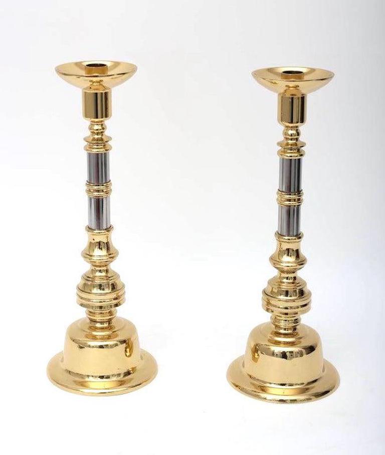 Pair of Georgian Style Candlesticks in Brass and Chrome In Good Condition For Sale In West Palm Beach, FL