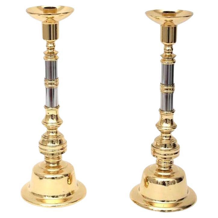 Pair of Georgian Style Candlesticks in Brass and Chrome For Sale