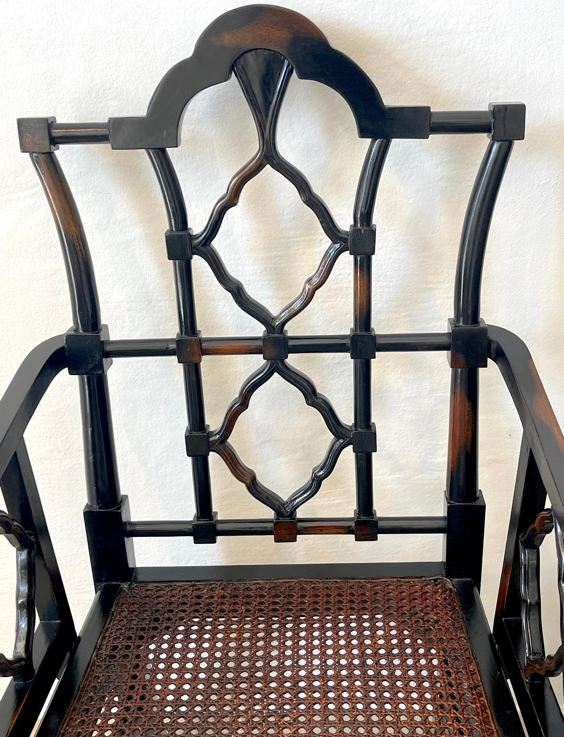 Cane Pair of Georgian Style Chinese Chippendale Arm Chairs