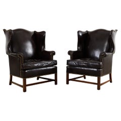Pair of Georgian Style Cigar Leather Wingback Library Chairs