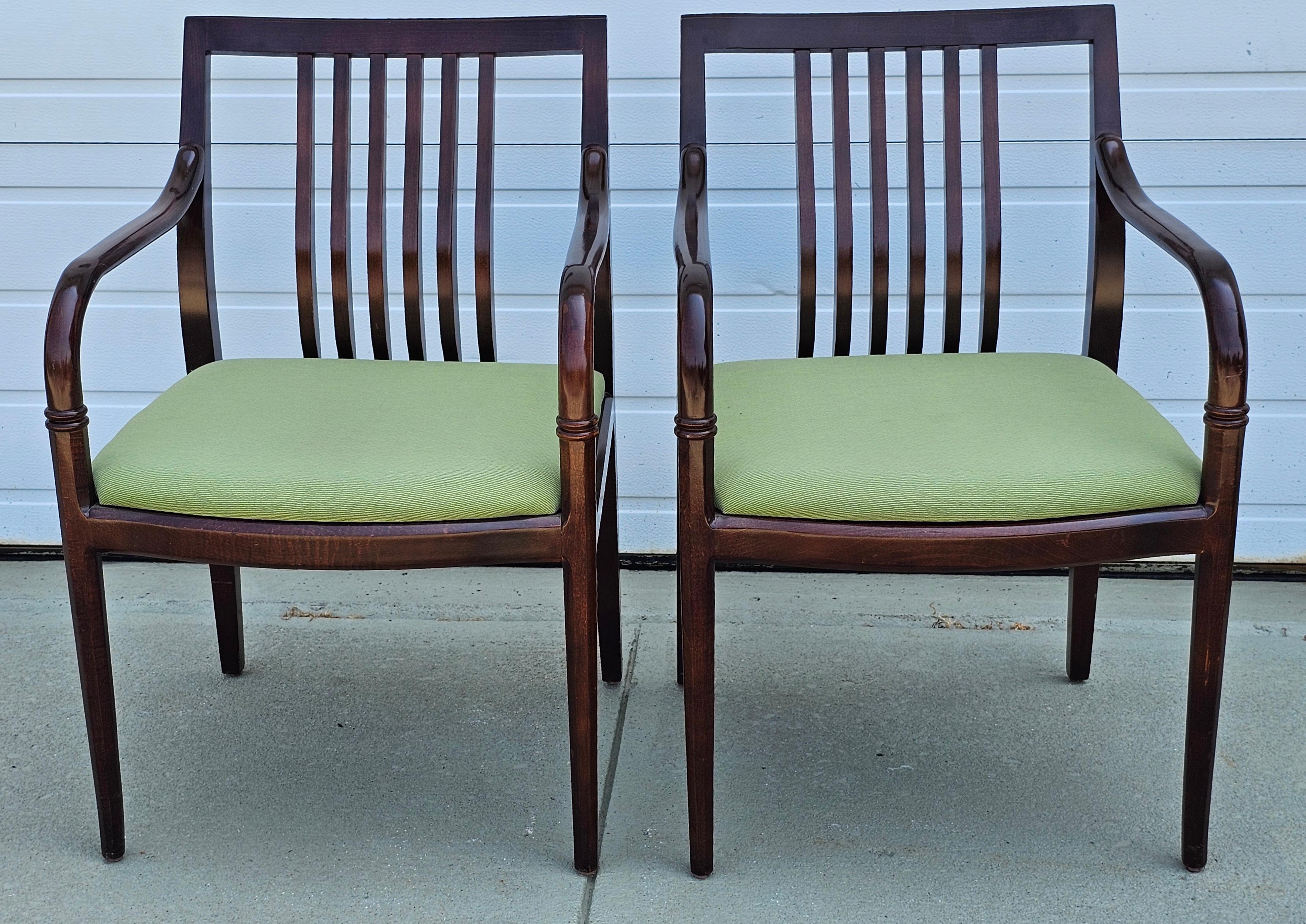 American Pair of Georgian Style Fruitwood and Green Upholstered Open Armchairs For Sale